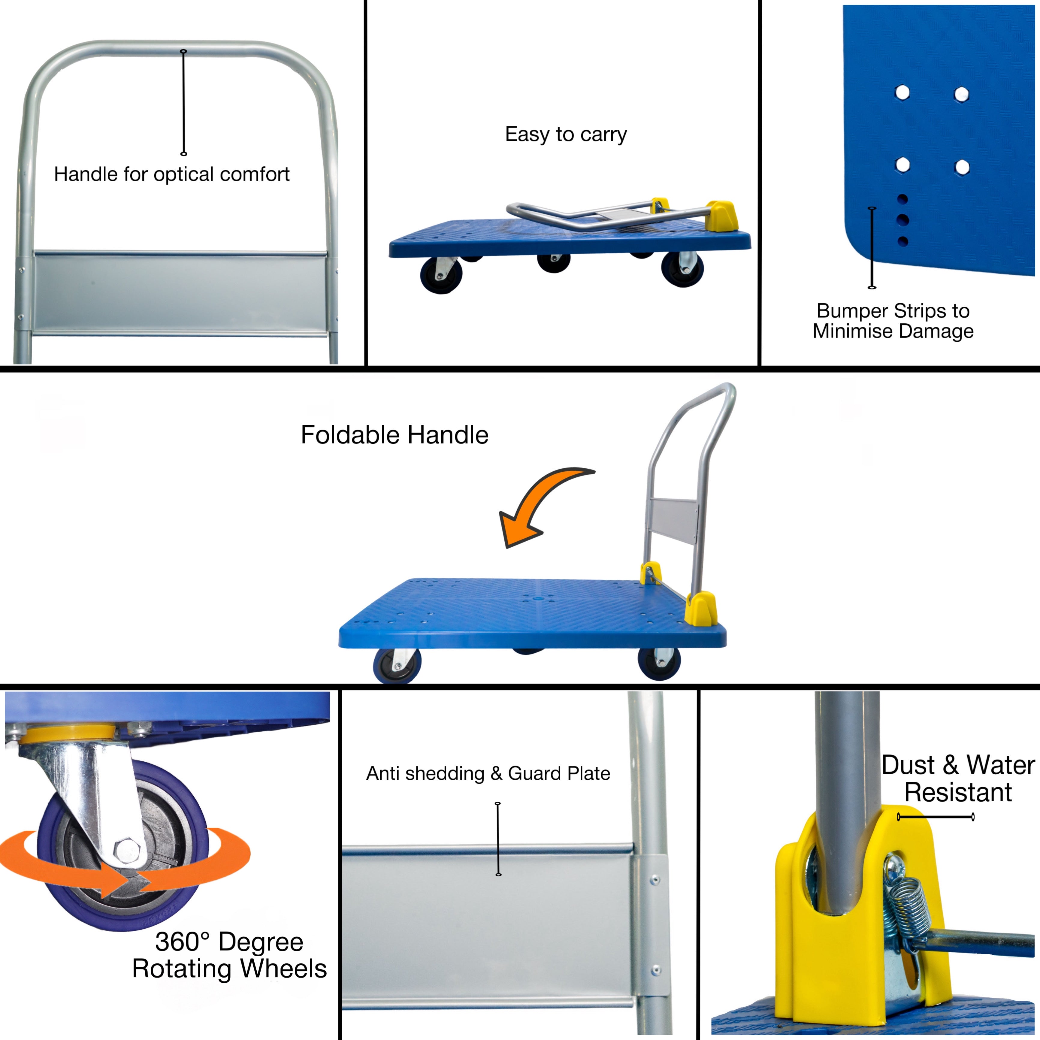 BIGAPPLE 600kg Capacity Plastic Foldable Platform Trolley for Heavy Weight/Material Handling Goods Trolley for Home, Office, Warehouse & Industries - 63cm x 105cm (5" Wheel/Blue)