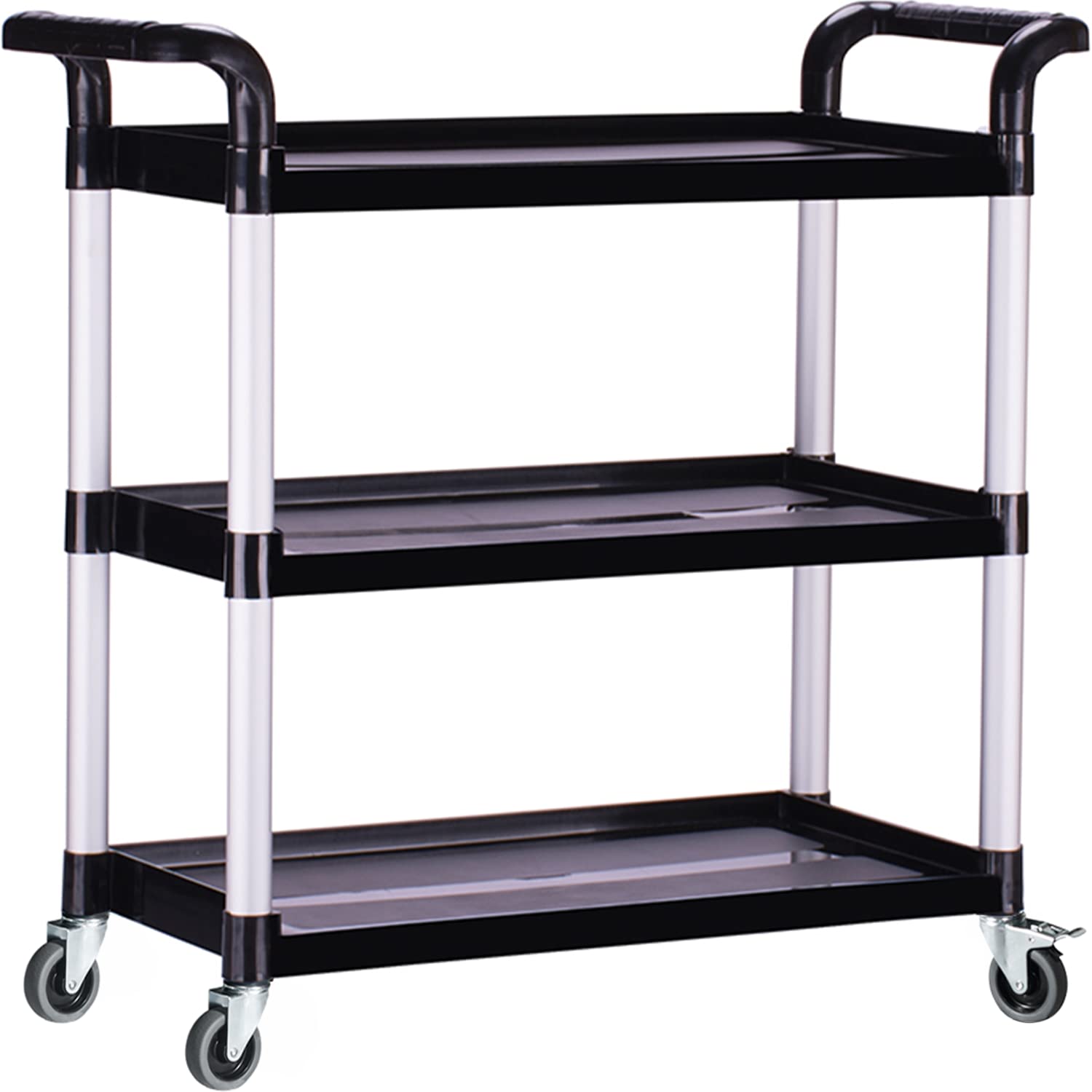 Bigapple 3-Tier Rolling Plastic Service Cart, Utility Carts with Wheels Heavy Duty 3 Shelf Tool Cart Restaurant Food Carts for Office, Warehouse, Garage (Lockable Wheels, Black)