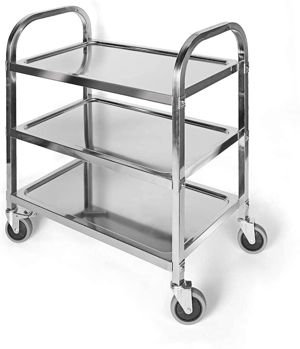 Bigapple 3-Tier Rolling Stainless Steel Service Cart, Utility Carts with Wheels Heavy Duty 3 Shelf Tool Cart Restaurant Food Carts for Office, Warehouse, Garage (Lockable Wheels, Black)