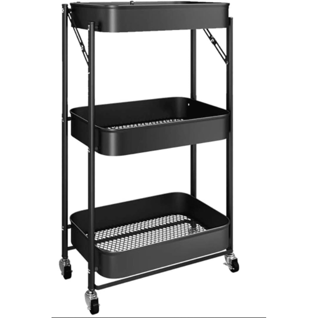 Bigapple 3 Tier Multipurpose Collapsible, Foldable Metal Storage Organizer, Rack, Trolley, cart for Kitchen, Bathroom and Office with Wheel-Rolling CART-Made in India, 77*46*30cm Foldable Type