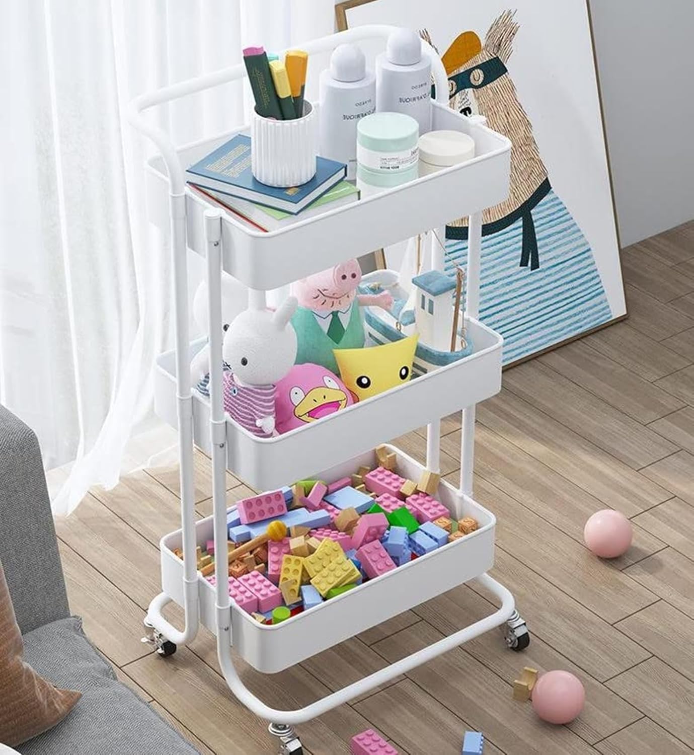 Bigapple 3 Tier Multipurpose Collapsible, Plastic Storage Organizer, Rack, Trolley, cart for Kitchen, Bathroom and Office with Wheel-Rolling CART-Made in India, 88*42*36cm