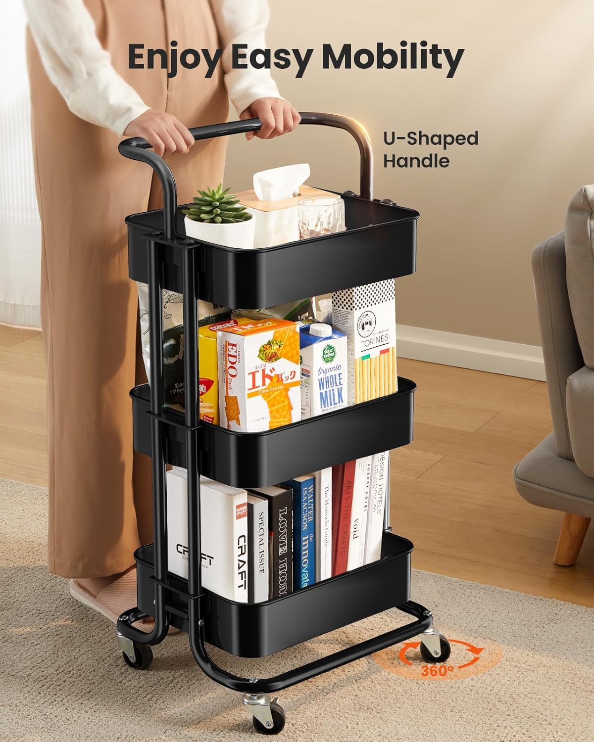 Bigapple 3 Tier Multipurpose Collapsible, Metal Storage Organizer, Rack, Trolley, cart for Kitchen, Bathroom and Office with Wheel-Rolling CART-Made in India, 86*43*36cm