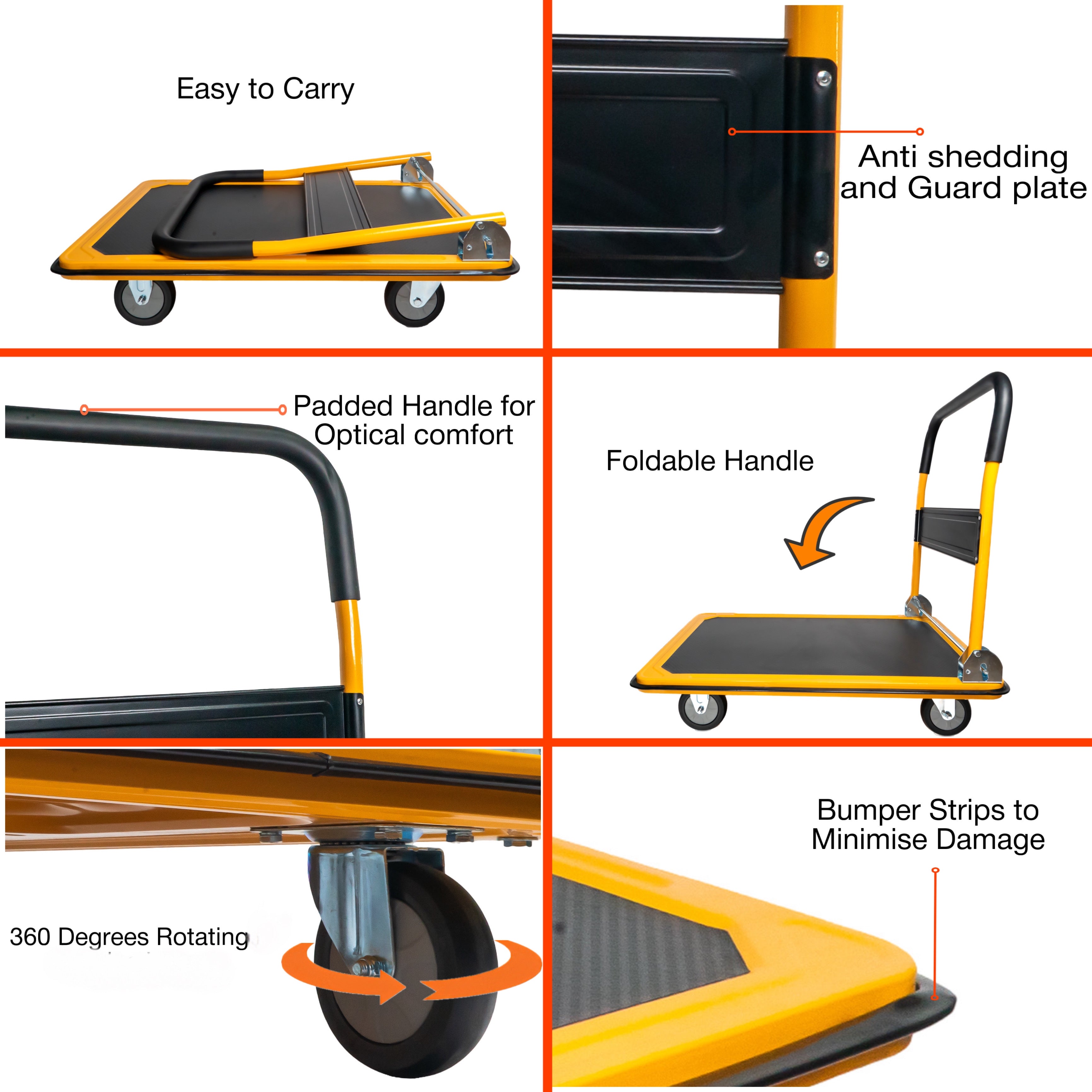 BIGAPPLE Metal Foldable Platform Trolley for Heavy Weight/Material Handling Goods Trolley for Home, Office, Warehouse & Industries (4 Wheels/Yellow)