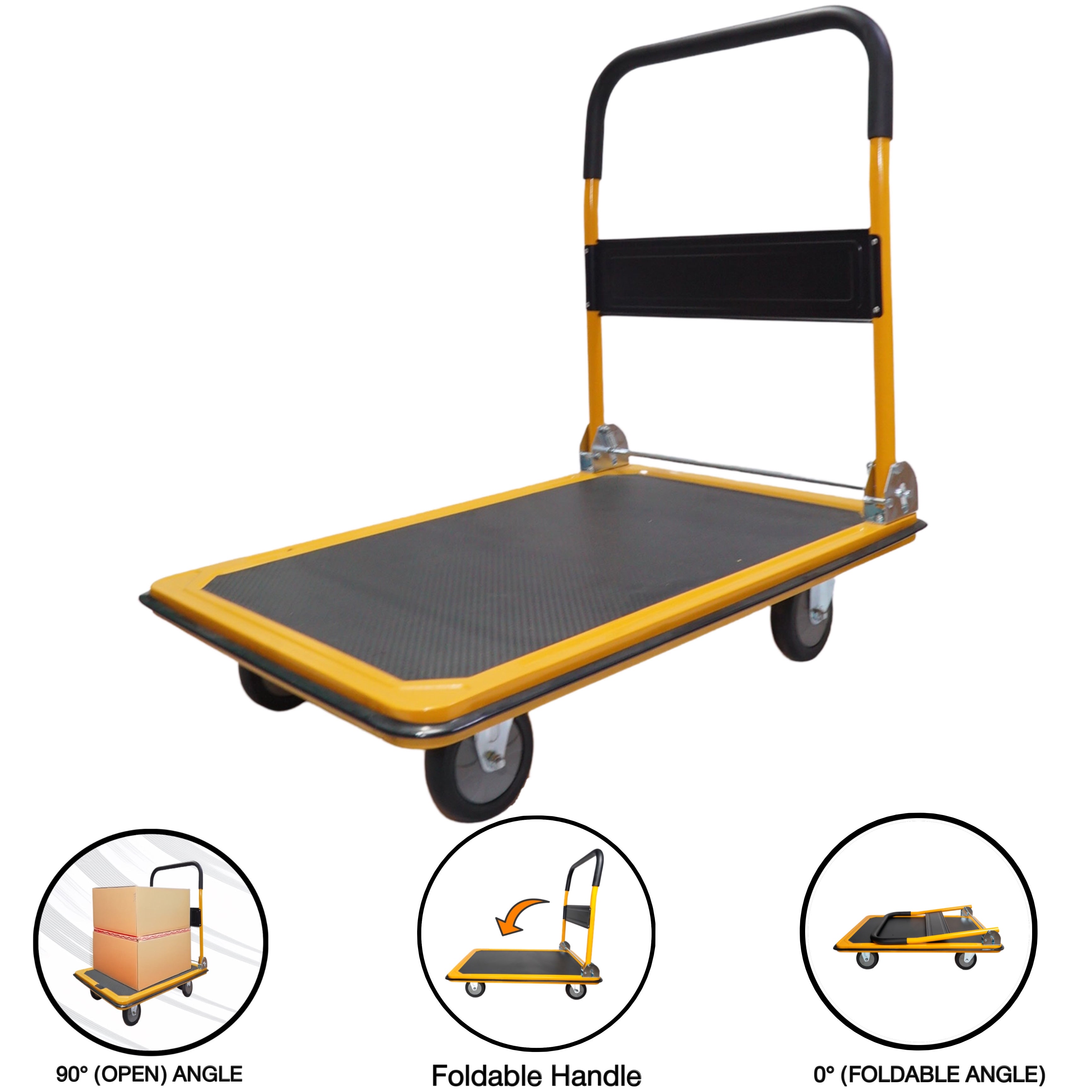 BIGAPPLE Metal Foldable Platform Trolley for Heavy Weight/Material Handling Goods Trolley for Home, Office, Warehouse & Industries (4 Wheels/Yellow)