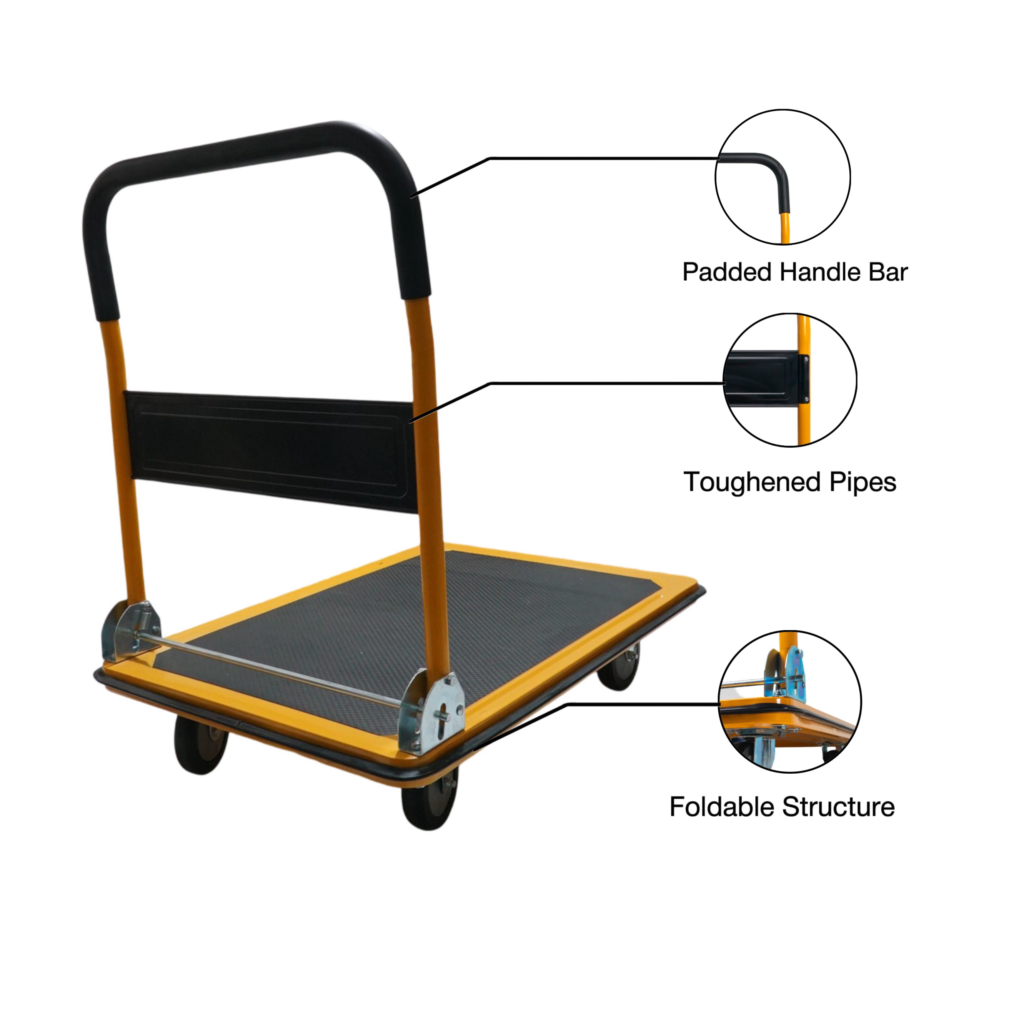 BIGAPPLE Metal Foldable Platform Trolley for Heavy Weight/Material Handling Goods Trolley for Home, Office, Warehouse & Industries (4 Wheels/Yellow)