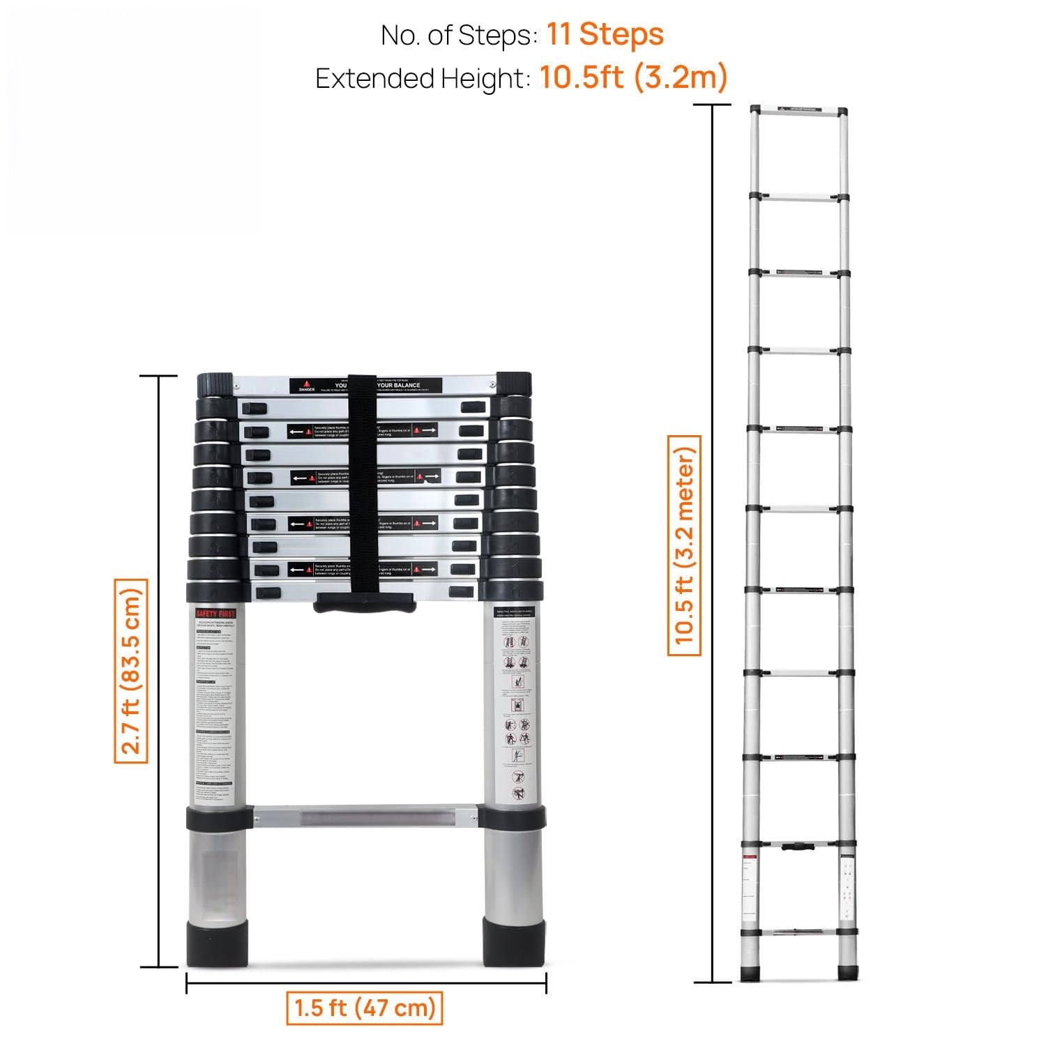 BIGAPPLE 3.2m (10.5 feet) Portable & Compact Aluminum Telescopic Ladder | 1-Year Warranty | EN131 Certified 11-Steps Foldable Multipurpose Step Ladder for Home & Outdoor use