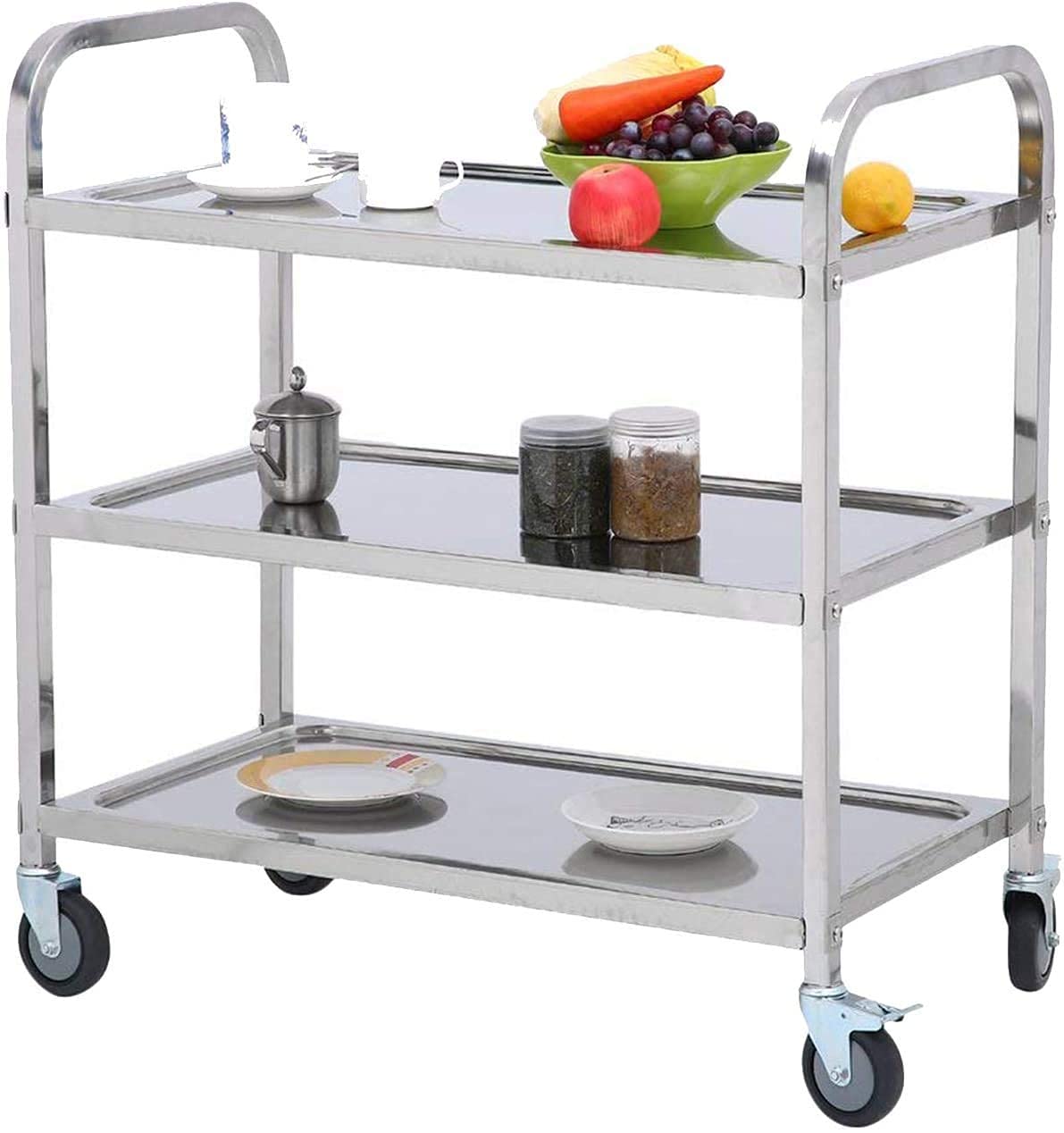 Bigapple 3-Tier Rolling Stainless Steel Service Cart, Utility Carts with Wheels Heavy Duty 3 Shelf Tool Cart Restaurant Food Carts for Office, Warehouse, Garage (Lockable Wheels, Black)