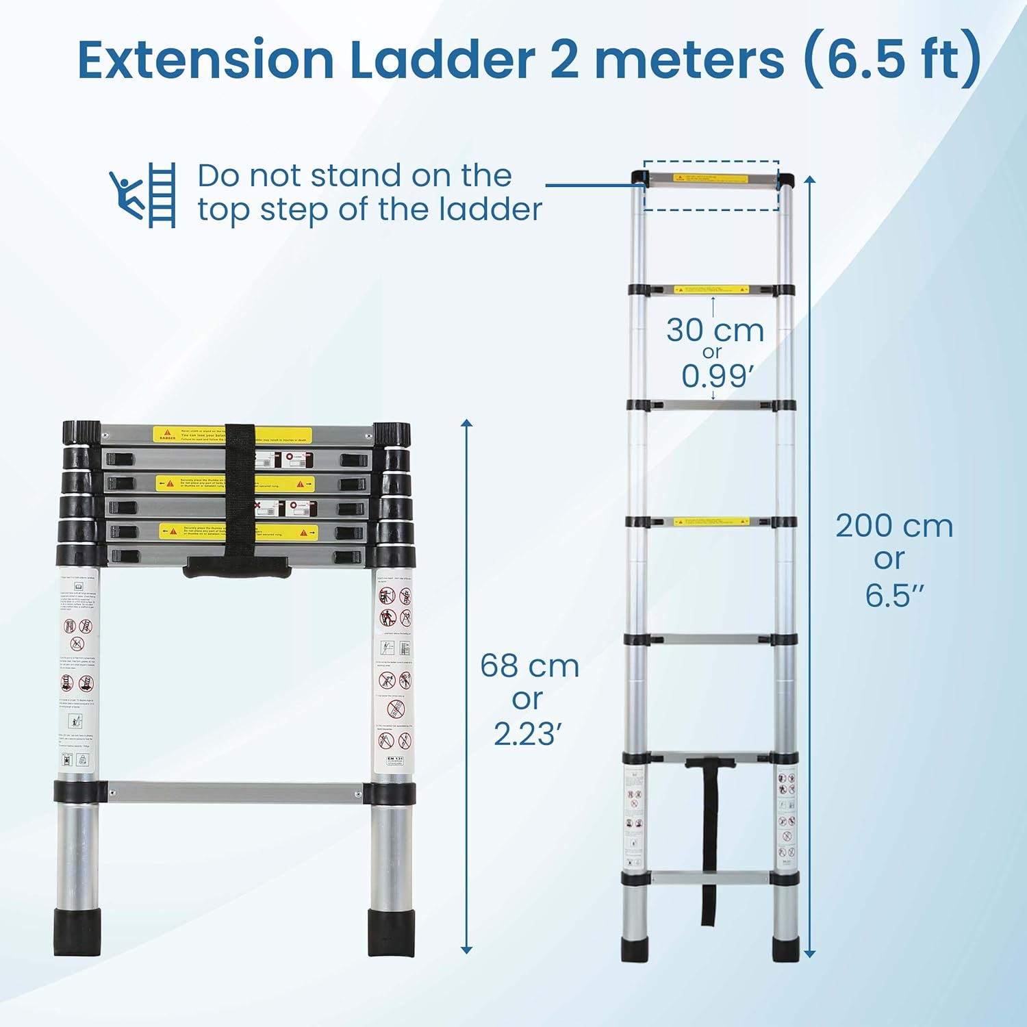 BIGAPPLE 2.0m (6.5 ft) Aluminium Telescopic Ladder, 7 Steps Foldable Ladder, EN131 Certified, Lightweight, Collapsible, Max Load up to 150 Kgs, 2 Meters, 6.5 ft