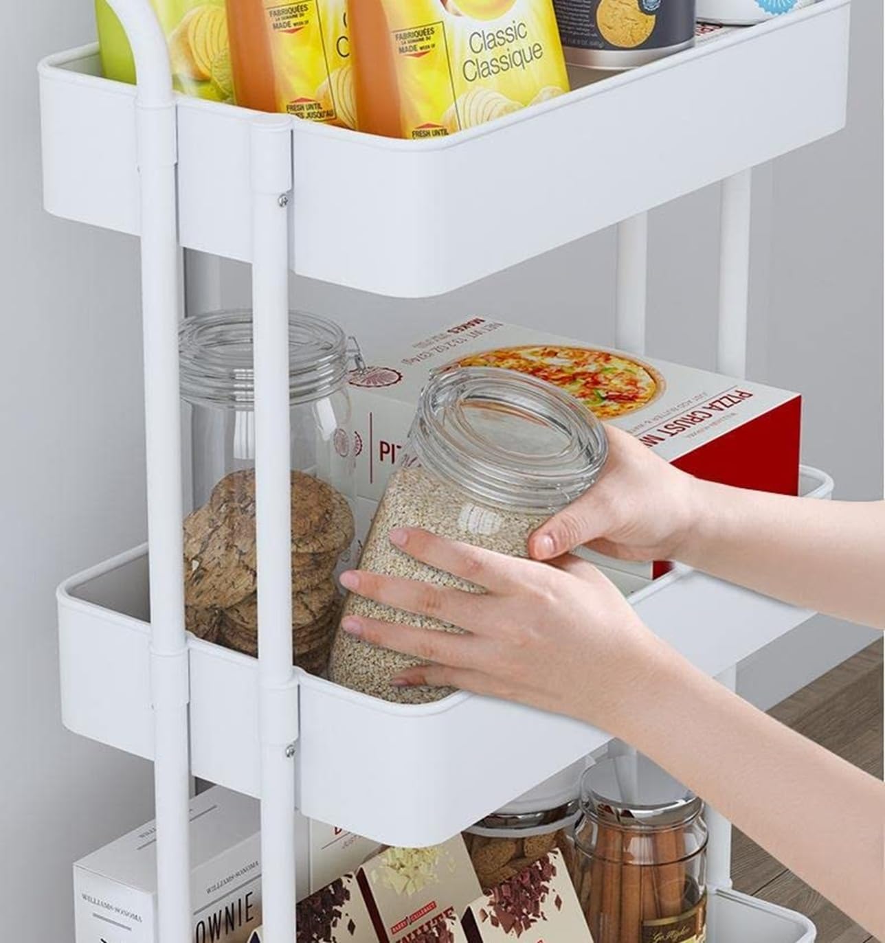 Bigapple 3 Tier Multipurpose Collapsible, Plastic Storage Organizer, Rack, Trolley, cart for Kitchen, Bathroom and Office with Wheel-Rolling CART-Made in India, 88*42*36cm