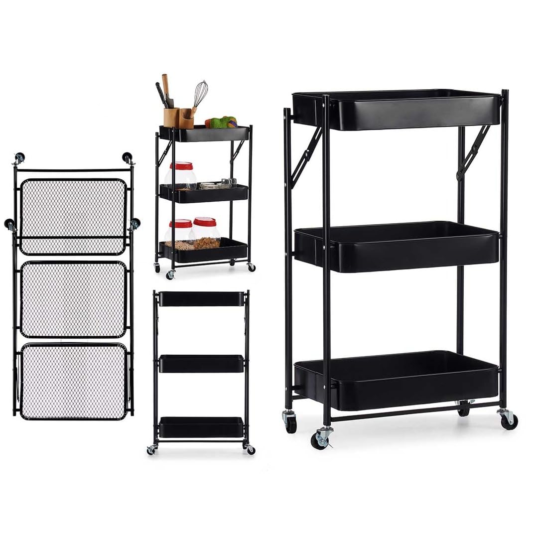 Bigapple 3 Tier Multipurpose Collapsible, Foldable Metal Storage Organizer, Rack, Trolley, cart for Kitchen, Bathroom and Office with Wheel-Rolling CART-Made in India, 77*46*30cm Foldable Type