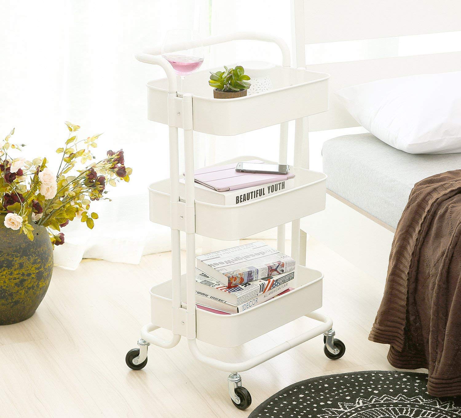 Bigapple 3 Tier Multipurpose Collapsible, Metal Storage Organizer, Rack, Trolley, cart for Kitchen, Bathroom and Office with Wheel-Rolling CART-Made in India, 86*43*36cm