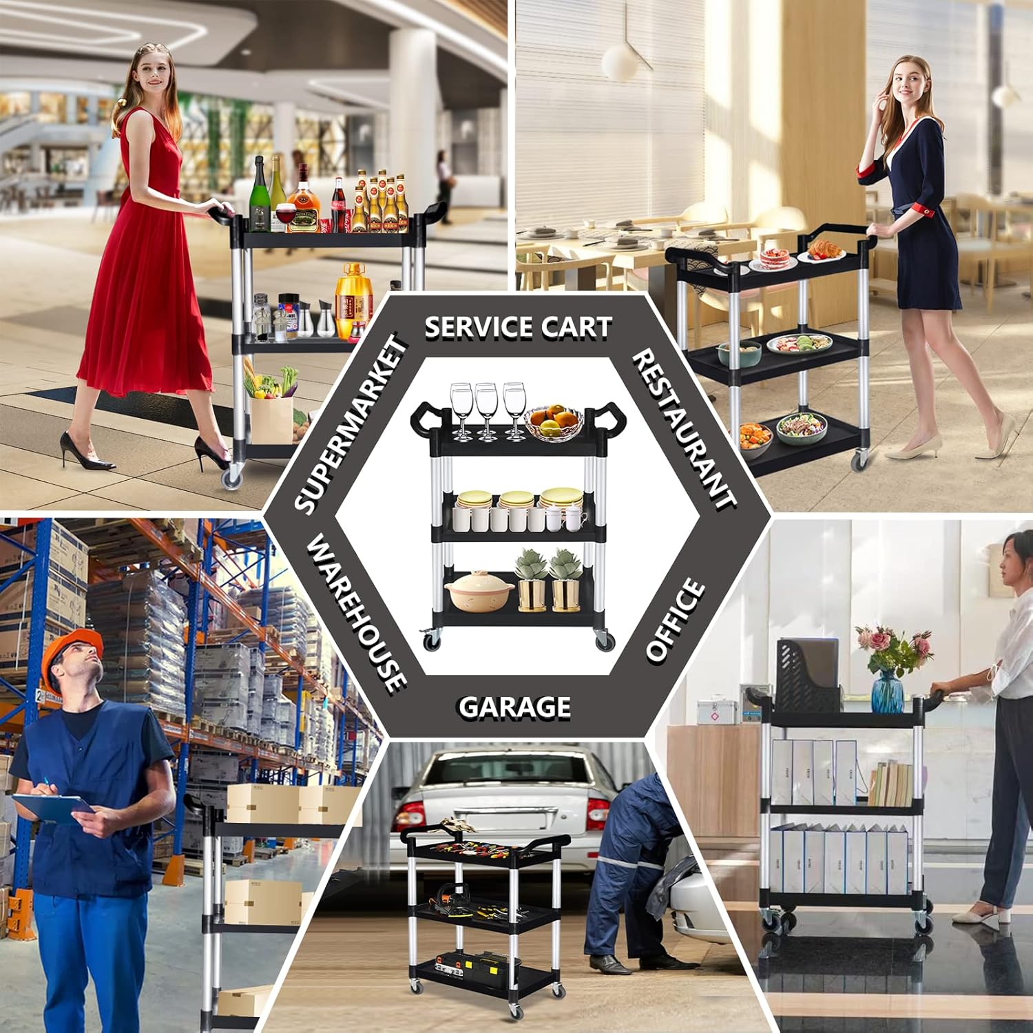 Bigapple 3-Tier Rolling Plastic Service Cart, Utility Carts with Wheels Heavy Duty 3 Shelf Tool Cart Restaurant Food Carts for Office, Warehouse, Garage (Lockable Wheels, Black)