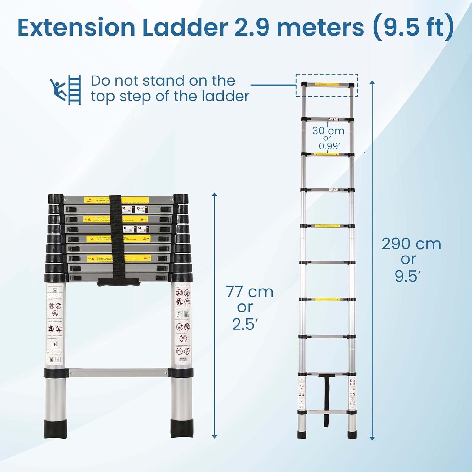 BIGAPPLE 2.9m (9.5 ft) Aluminium Telescopic Ladder, 10 Steps Foldable Ladder, EN131 Certified, Lightweight, Collapsible, Max Load up to 150 Kgs, 2.9 Meters, 9.5 ft Silver