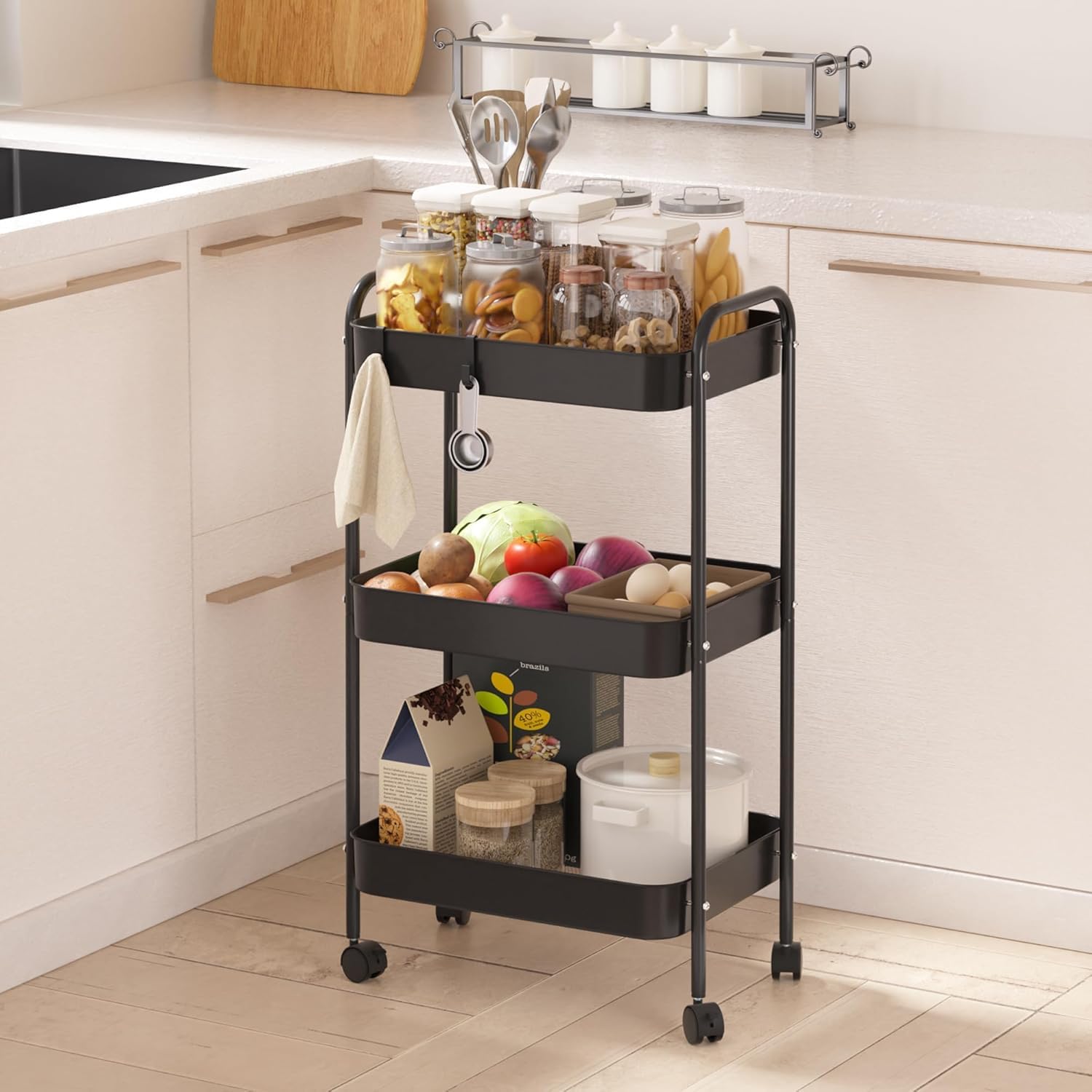 Bigapple 3 Tier Multipurpose Collapsible, Metal Storage Organizer, Rack, Trolley, cart for Kitchen, Bathroom and Office with Wheel-Rolling CART-Made in India, 75.5*45*29cm