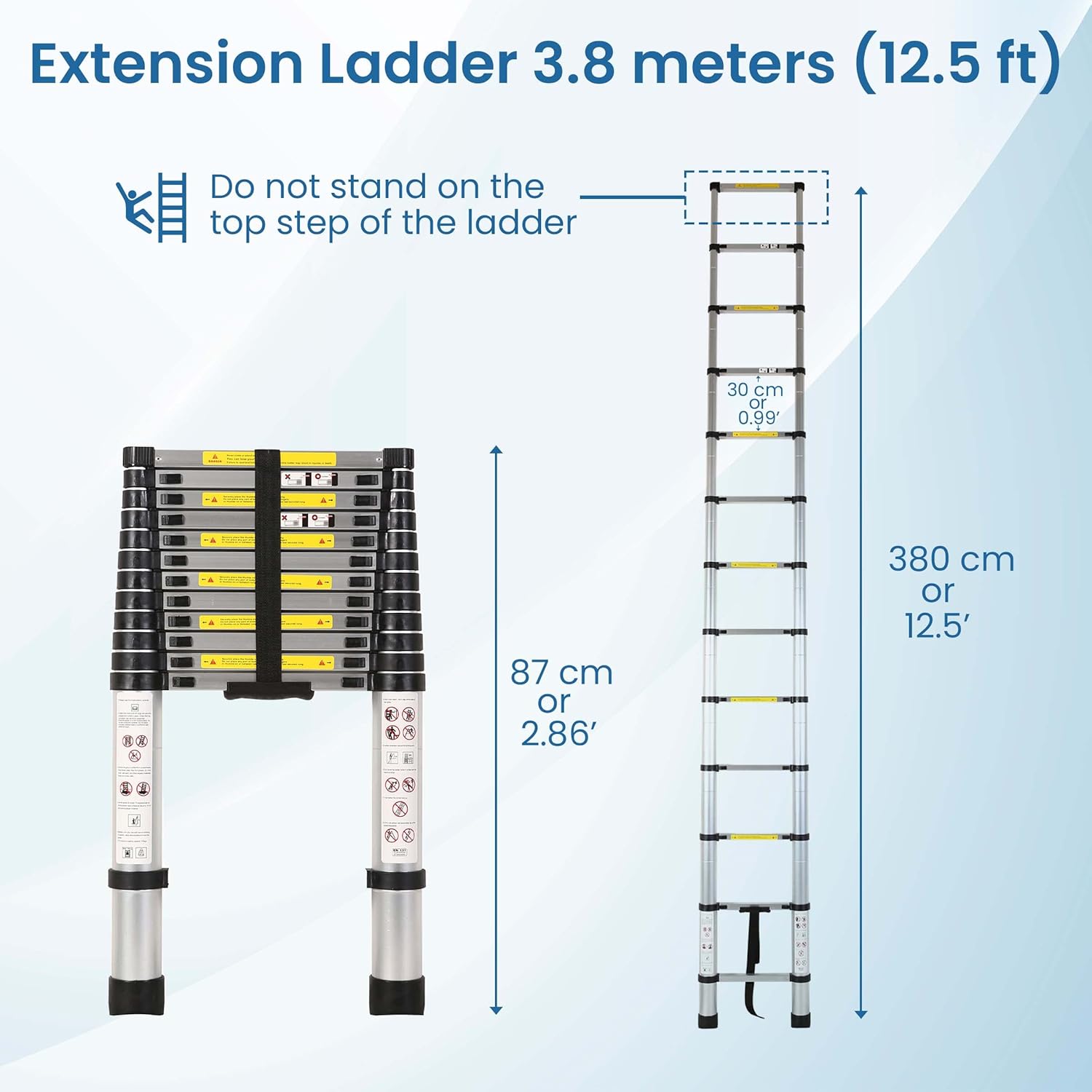 BIGAPPLE 3.8m (12.5 ft) Aluminium Telescopic Ladder, 13 Steps Foldable Ladder, EN131 Certified, Lightweight, Collapsible, Max Load up to 150 Kgs, 3.8 Meters or 12.5 ft Silver