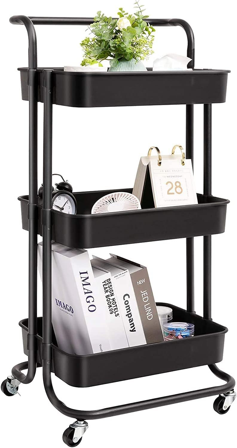 Bigapple 3 Tier Multipurpose Collapsible, Metal Storage Organizer, Rack, Trolley, cart for Kitchen, Bathroom and Office with Wheel-Rolling CART-Made in India, 86*43*36cm