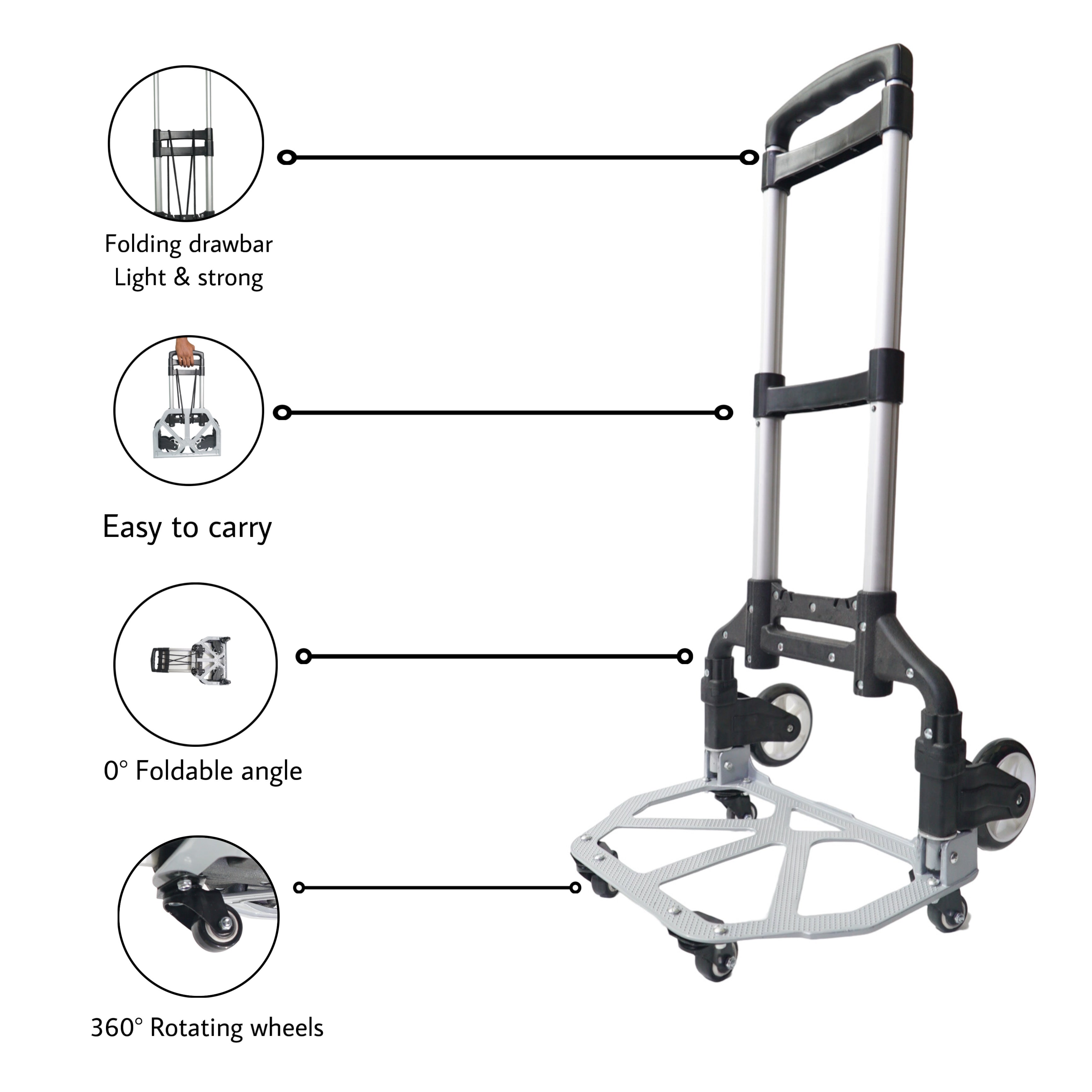 Bigapple Folding Hand Trolley Cart with Wheels I Adjustable Pull Handle I Heavy Duty Utility Cart I Portable, Light Weight Platform Truck I Luggage Trolley for Goods Carrying | Metal + ABS | 70Kg with Ext wheels