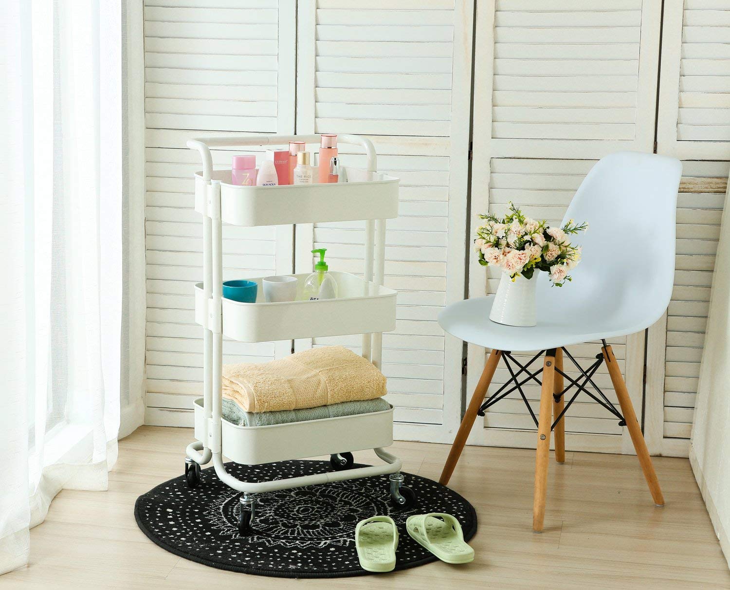 Bigapple 3 Tier Multipurpose Collapsible, Metal Storage Organizer, Rack, Trolley, cart for Kitchen, Bathroom and Office with Wheel-Rolling CART-Made in India, 86*43*36cm