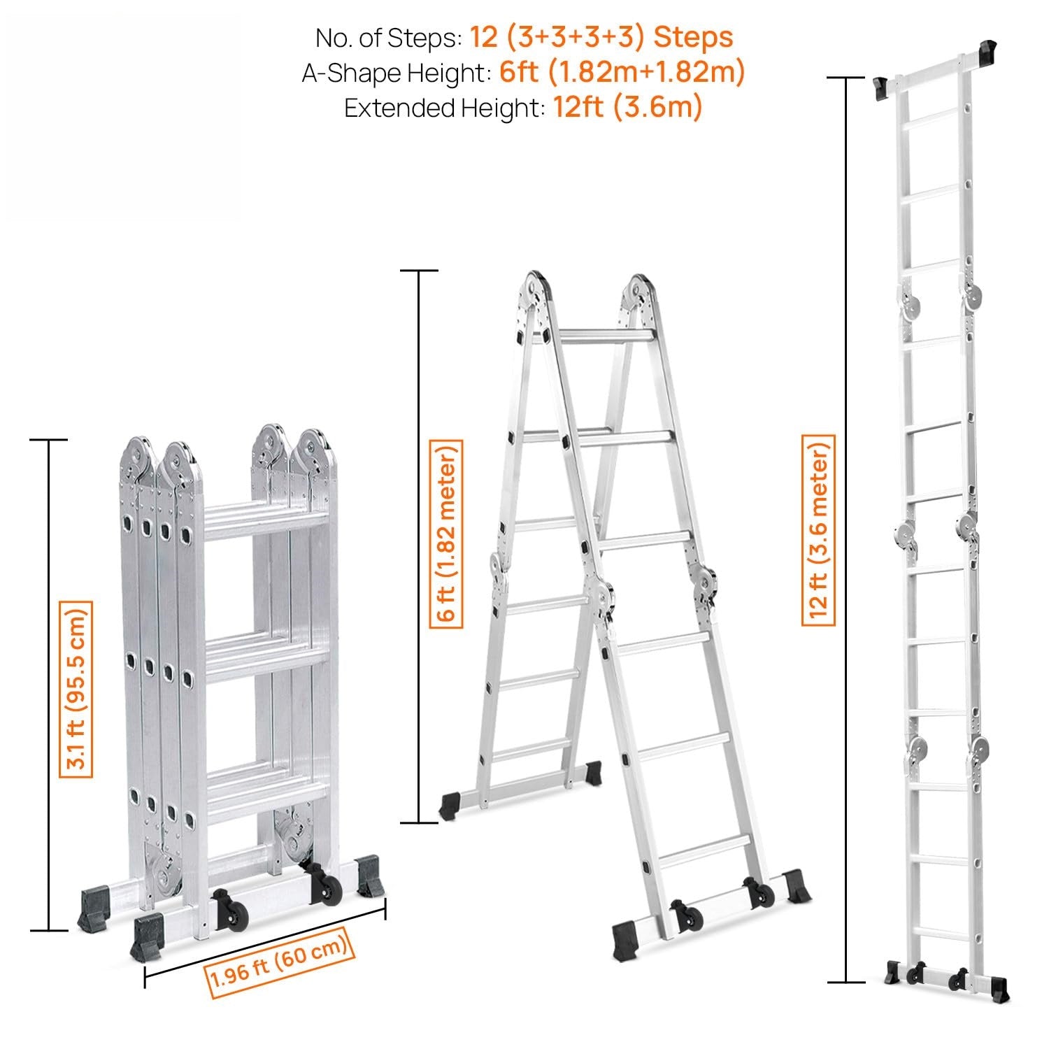 BIGAPPLE 12 Feet (12 Step) Portable & Compact Folding Aluminium Multipurpose Super Ladder | 1-Year Warranty | Ladder for Home & Industrial Use - Capacity 120 Kg Silver