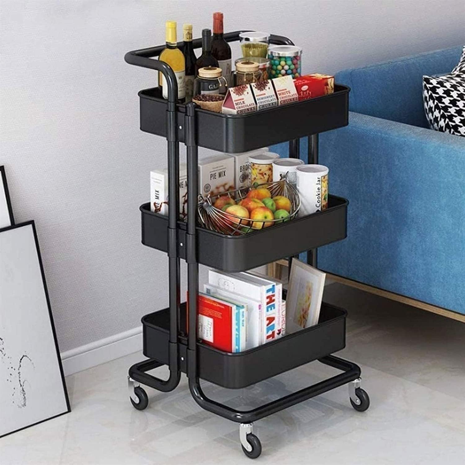 Bigapple 3 Tier Multipurpose Collapsible, Metal Storage Organizer, Rack, Trolley, cart for Kitchen, Bathroom and Office with Wheel-Rolling CART-Made in India, 86*43*36cm