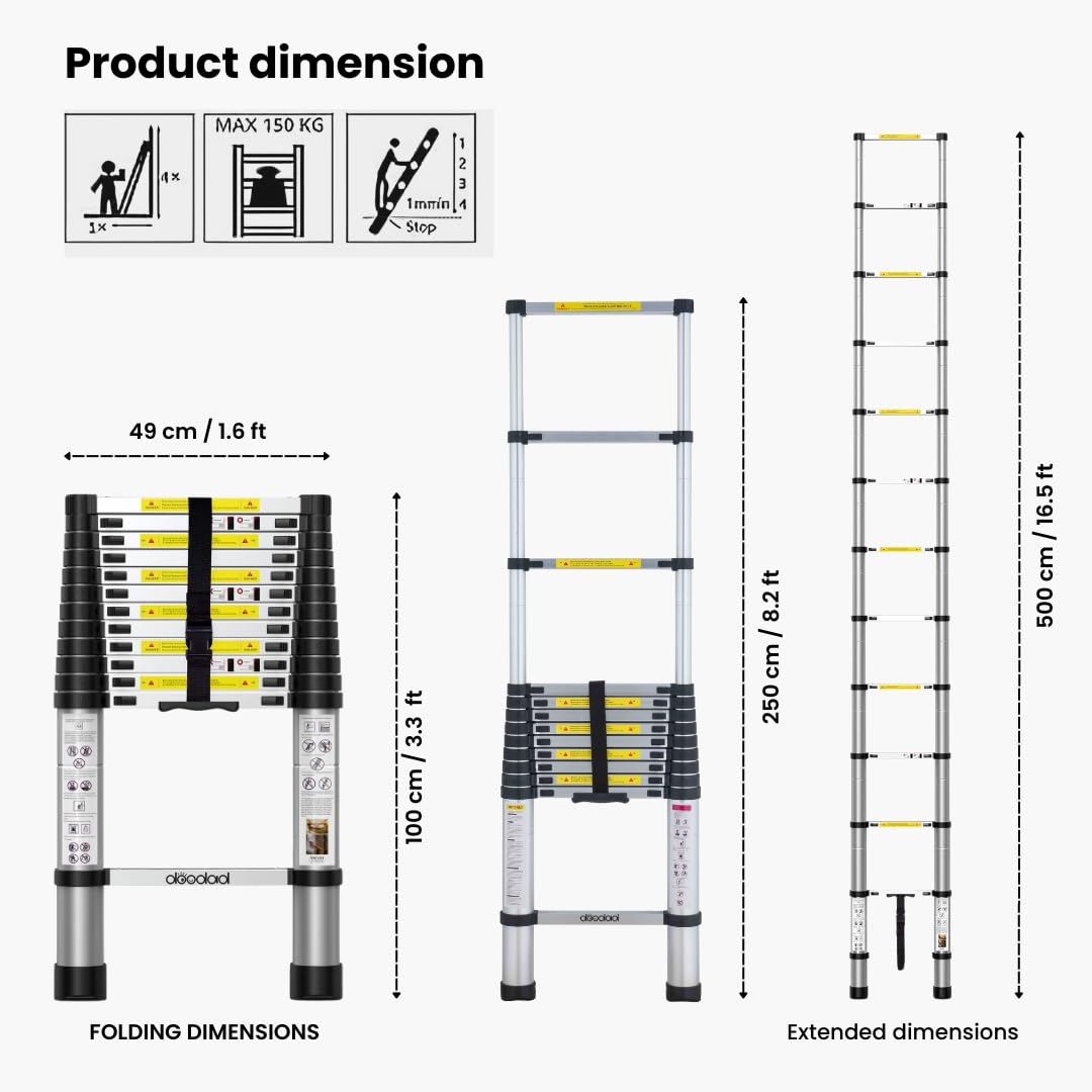 BIGAPPLE 5.0m (16.5 ft) Aluminium Telescopic Ladder, 13 Steps Foldable Ladder, EN131 Certified, Lightweight, Collapsible, Max Load up to 150 Kgs, 5 Meters, 16.5 ft