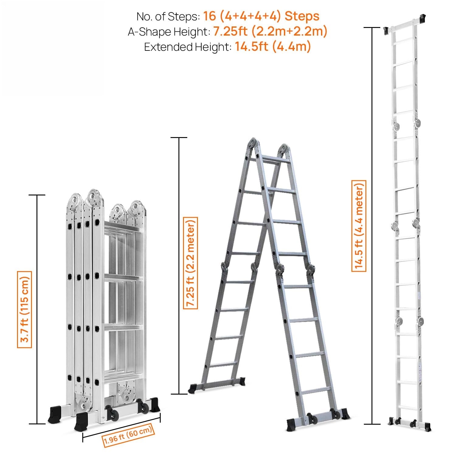 BIGAPPLE 14.5 Feet (16 Steps) Portable & Compact Folding Aluminium Multipurpose Super Ladder | 1-Year Warranty | Ladder for Home & Industrial Use - Capacity 120 Kg