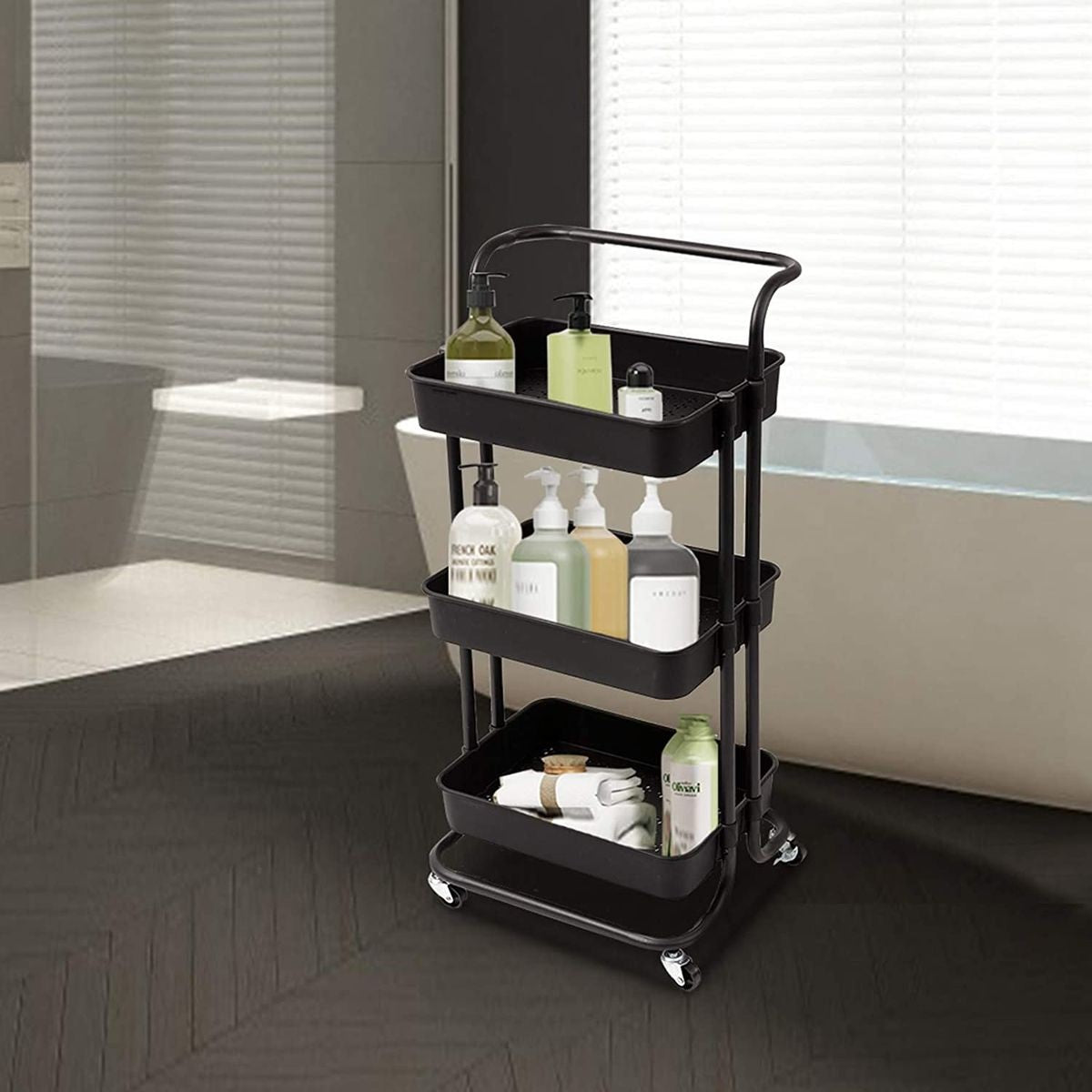 Bigapple 3 Tier Multipurpose Collapsible, Plastic Storage Organizer, Rack, Trolley, cart for Kitchen, Bathroom and Office with Wheel-Rolling CART-Made in India, 88*42*36cm