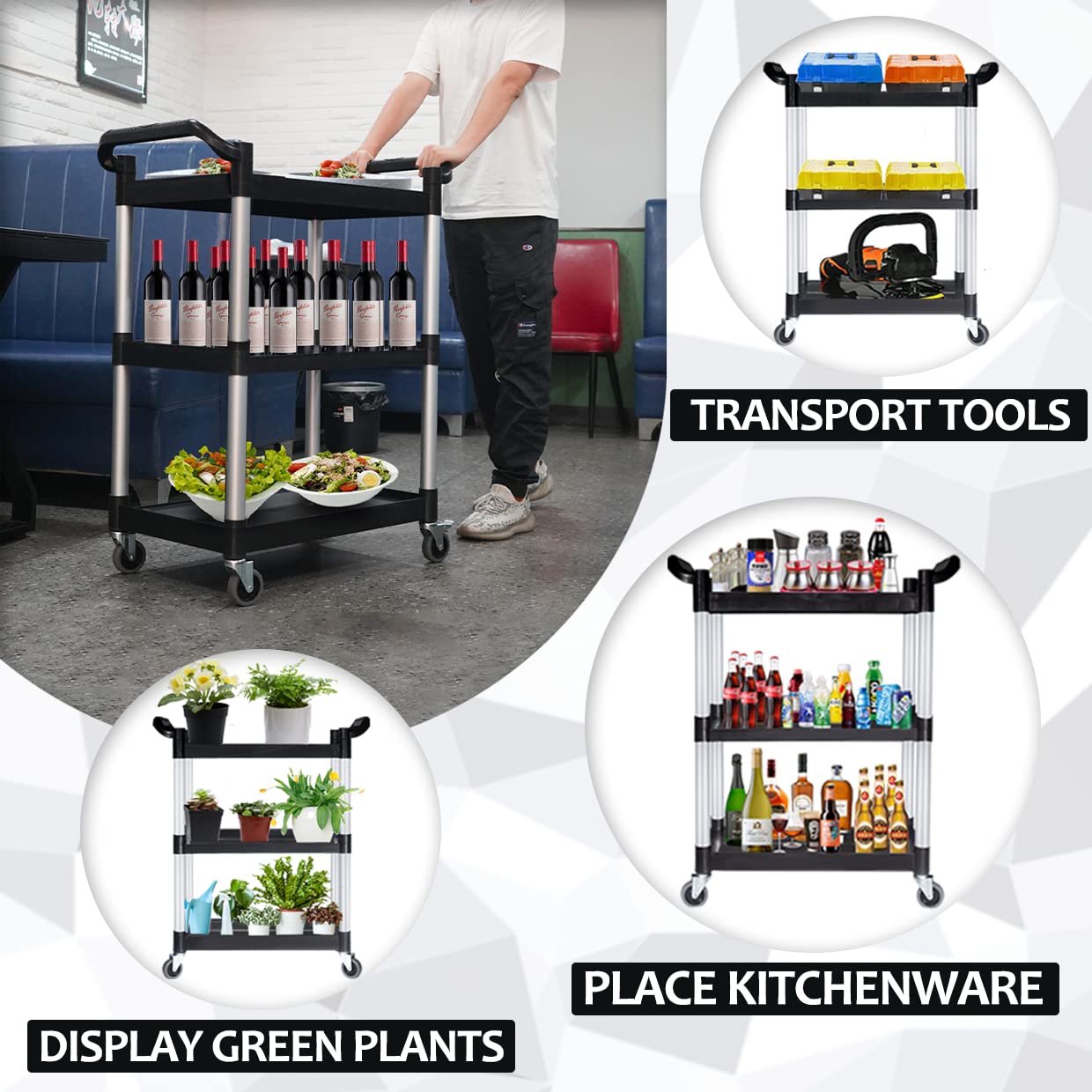 Bigapple 3-Tier Rolling Plastic Service Cart, Utility Carts with Wheels Heavy Duty 3 Shelf Tool Cart Restaurant Food Carts for Office, Warehouse, Garage (Lockable Wheels, Black)
