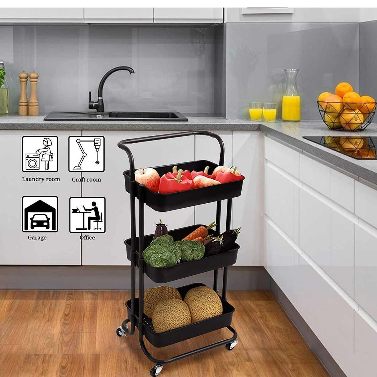 Bigapple 3 Tier Multipurpose Collapsible, Plastic Storage Organizer, Rack, Trolley, cart for Kitchen, Bathroom and Office with Wheel-Rolling CART-Made in India, 88*42*36cm