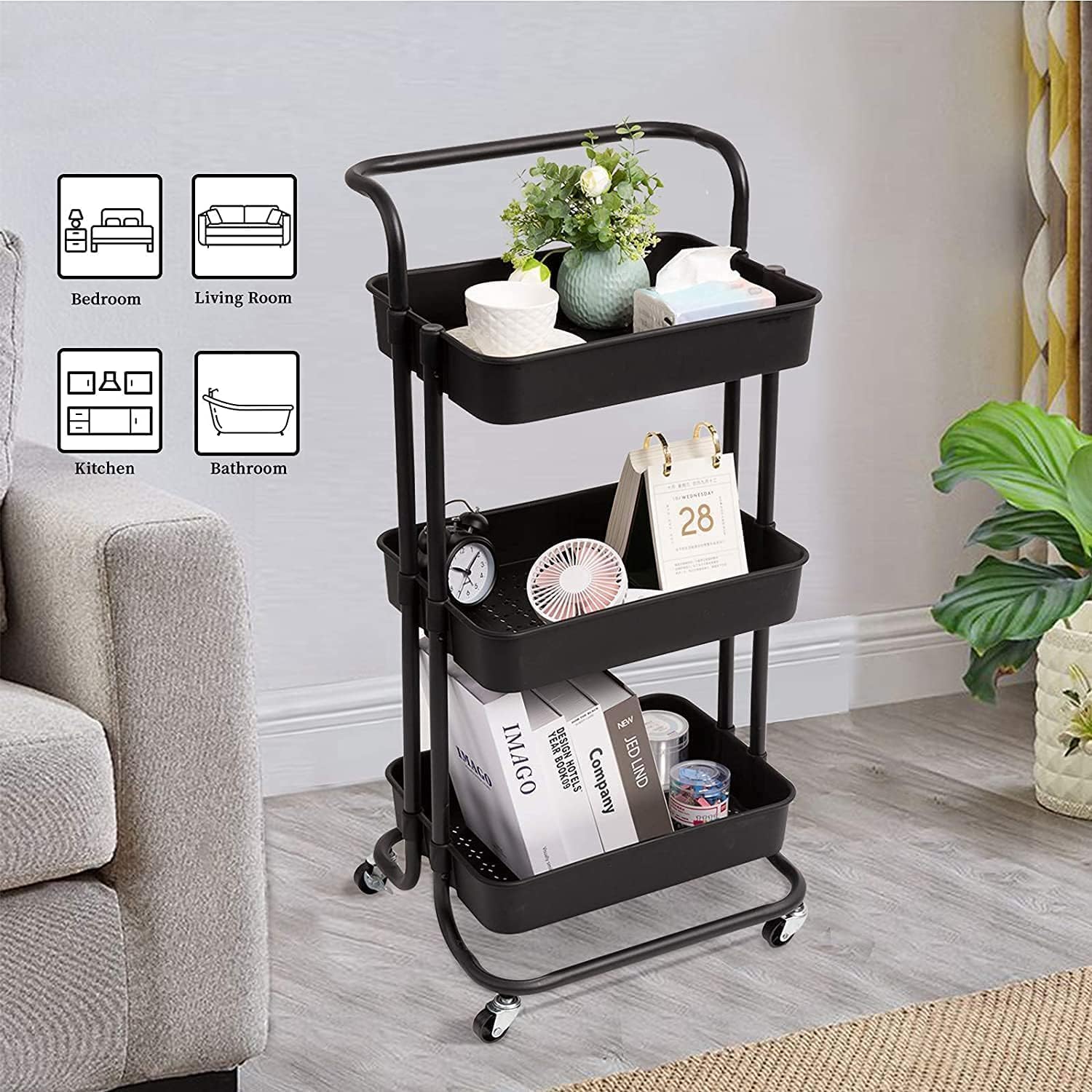 Bigapple 3 Tier Multipurpose Collapsible, Metal Storage Organizer, Rack, Trolley, cart for Kitchen, Bathroom and Office with Wheel-Rolling CART-Made in India, 86*43*36cm
