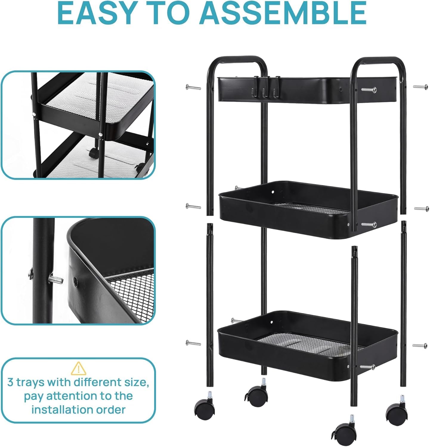 Bigapple 3 Tier Multipurpose Collapsible, Metal Storage Organizer, Rack, Trolley, cart for Kitchen, Bathroom and Office with Wheel-Rolling CART-Made in India, 75.5*45*29cm
