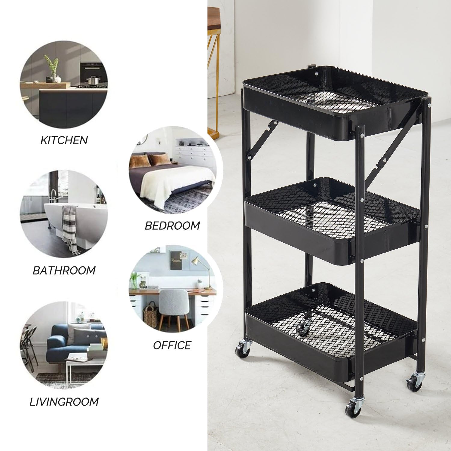 Bigapple 3 Tier Multipurpose Collapsible, Foldable Metal Storage Organizer, Rack, Trolley, cart for Kitchen, Bathroom and Office with Wheel-Rolling CART-Made in India, 77*46*30cm Foldable Type