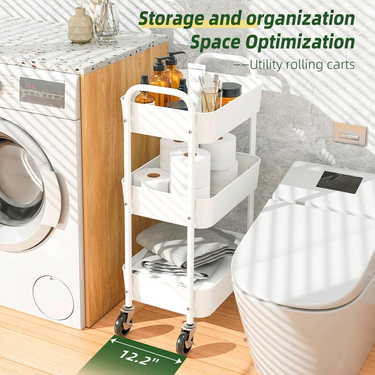 Bigapple 3 Tier Multipurpose Collapsible, Metal Storage Organizer, Rack, Trolley, cart for Kitchen, Bathroom and Office with Wheel-Rolling CART-Made in India, 75.5*45*29cm