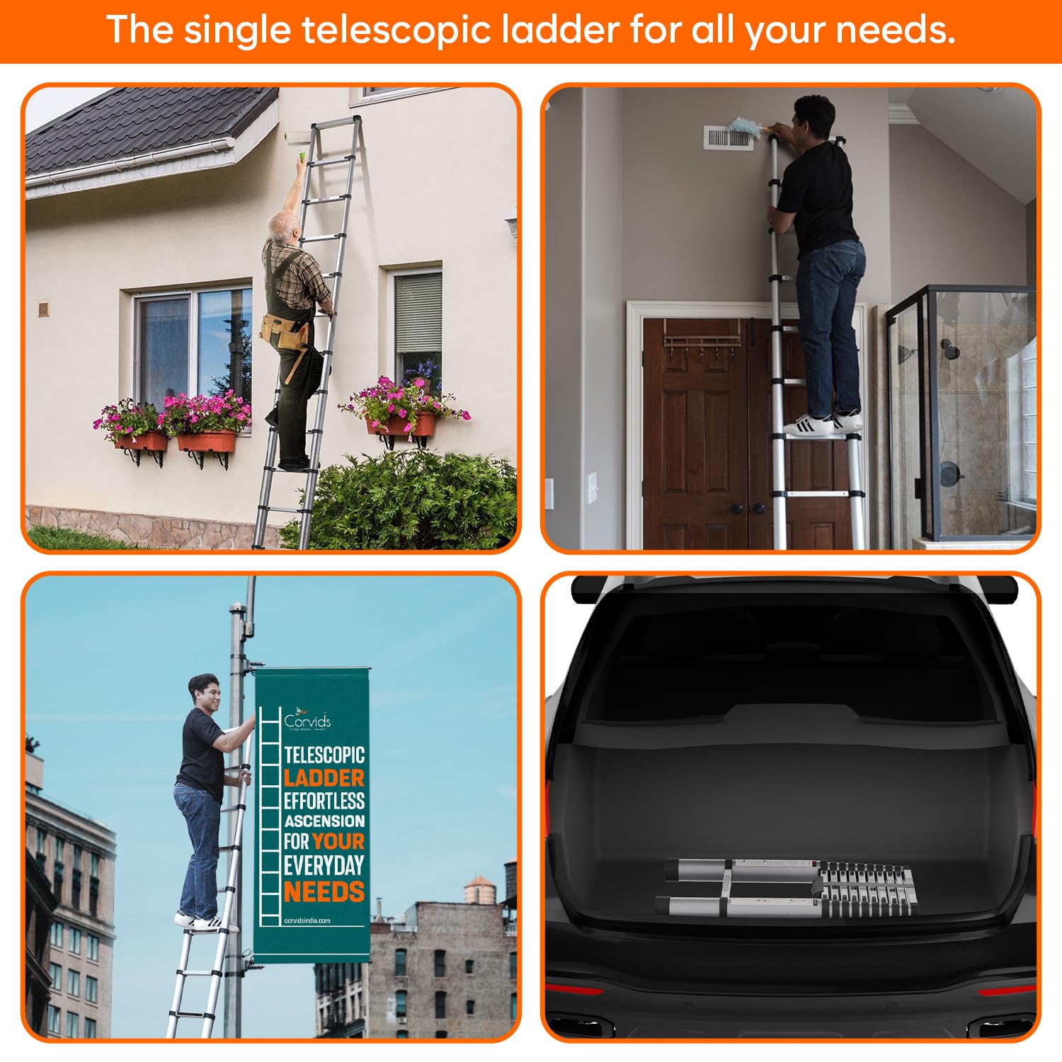 BIGAPPLE 3.2m (10.5 feet) Portable & Compact Aluminum Telescopic Ladder | 1-Year Warranty | EN131 Certified 11-Steps Foldable Multipurpose Step Ladder for Home & Outdoor use
