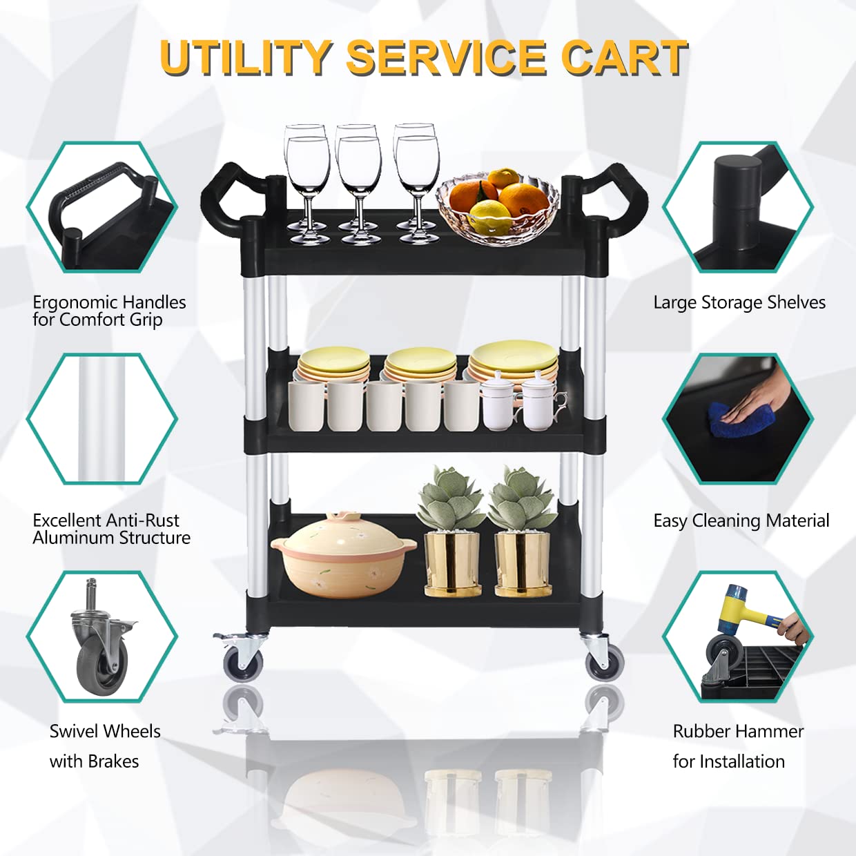 Bigapple 3-Tier Rolling Plastic Service Cart, Utility Carts with Wheels Heavy Duty 3 Shelf Tool Cart Restaurant Food Carts for Office, Warehouse, Garage (Lockable Wheels, Black)