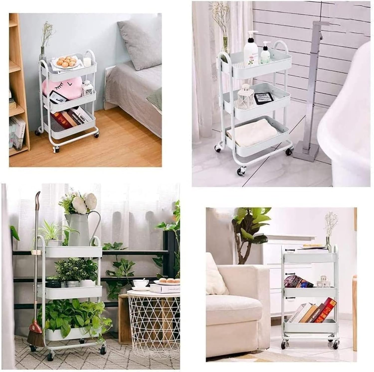 Bigapple 3 Tier Multipurpose Collapsible, Plastic Storage Organizer, Rack, Trolley, cart for Kitchen, Bathroom and Office with Wheel-Rolling CART-Made in India, 88*42*36cm