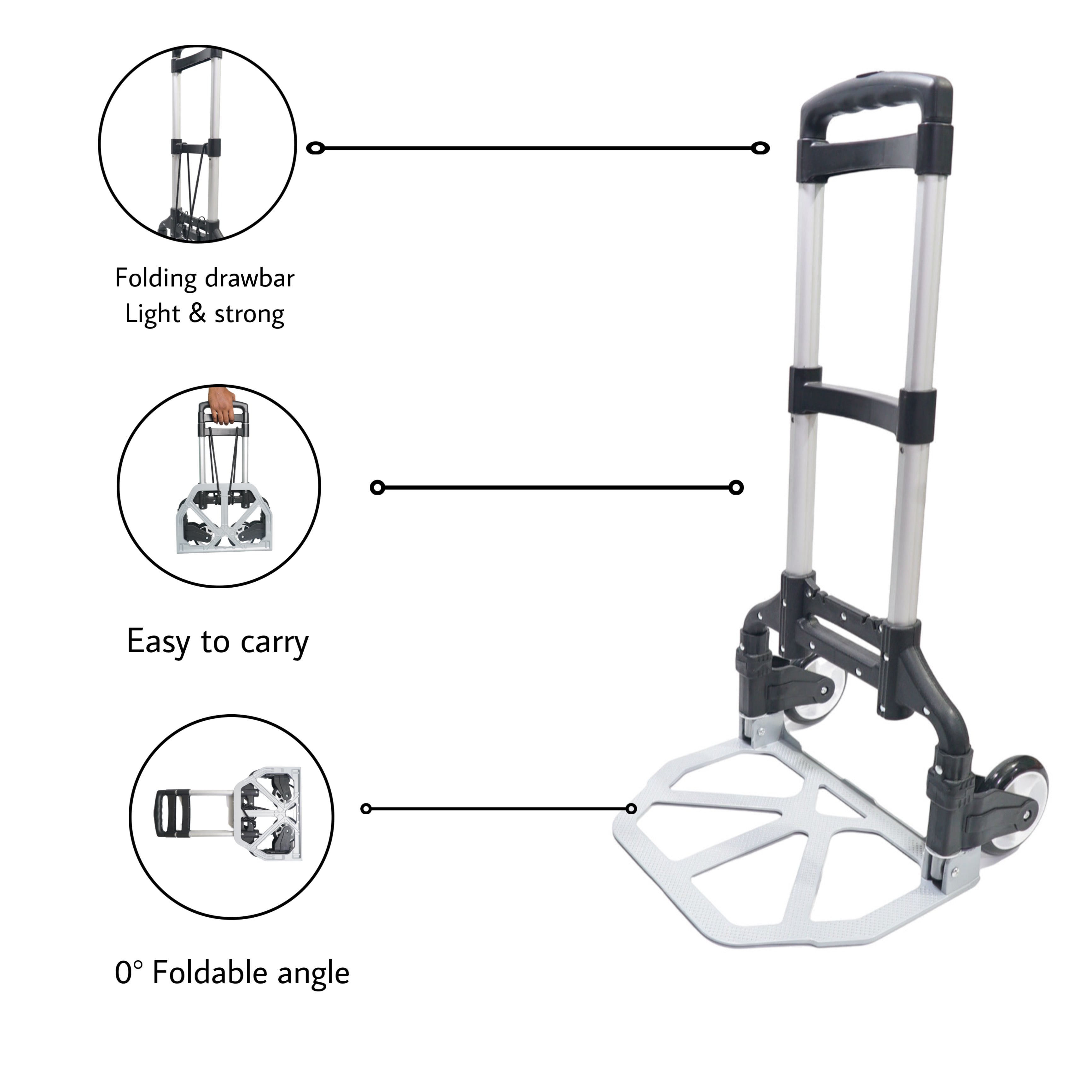 Bigapple Folding Hand Trolley Cart with Wheels I Adjustable Pull Handle I Heavy Duty Utility Cart I Portable, Light Weight Platform Truck I Luggage Trolley for Goods Carrying | Metal + ABS | 70Kg with Ext wheels