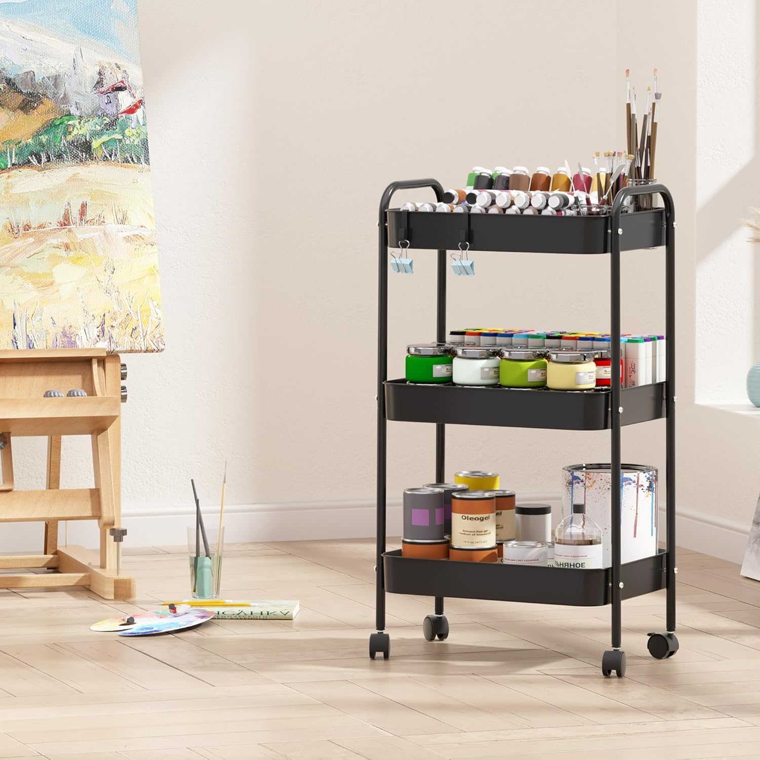 Bigapple 3 Tier Multipurpose Collapsible, Metal Storage Organizer, Rack, Trolley, cart for Kitchen, Bathroom and Office with Wheel-Rolling CART-Made in India, 75.5*45*29cm