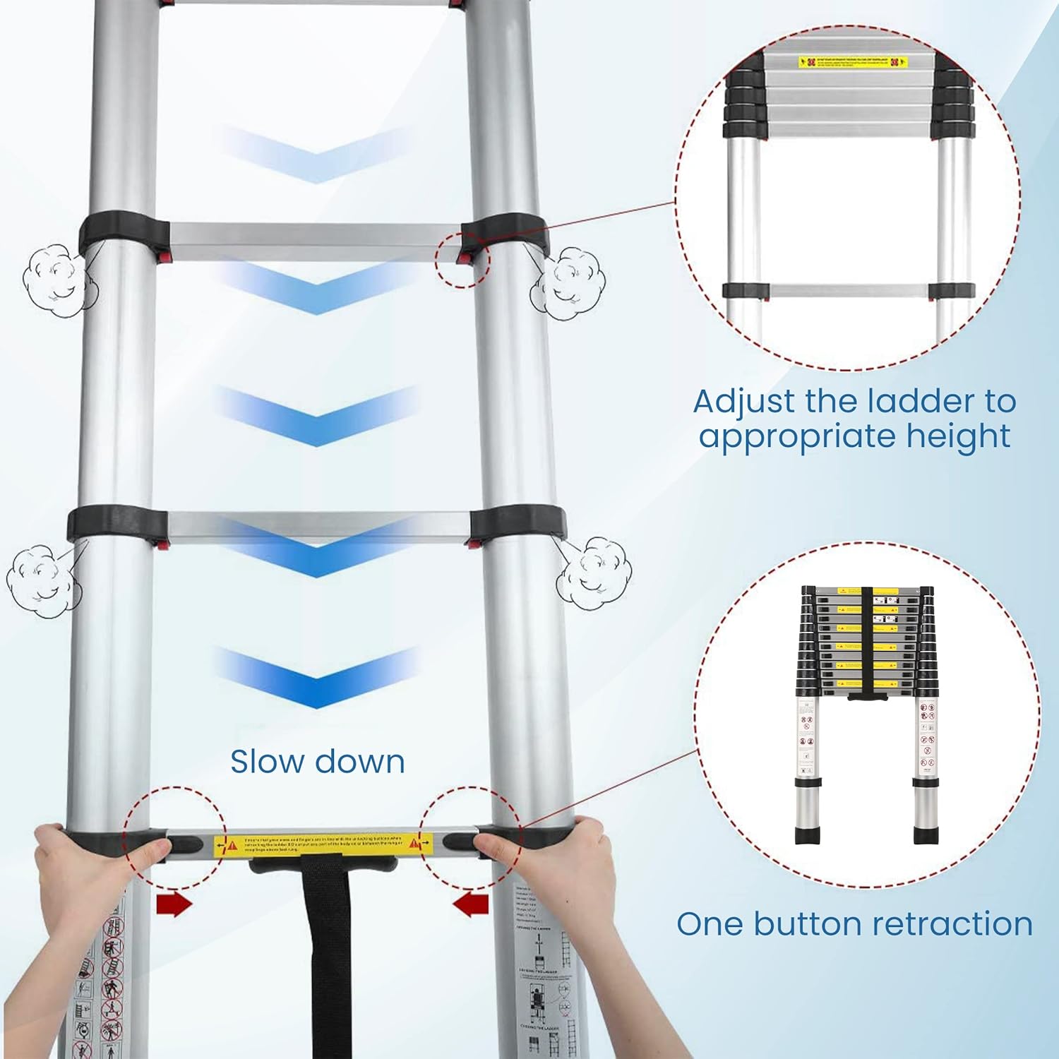 BIGAPPLE 3.8m (12.5 ft) Aluminium Telescopic Ladder, 13 Steps Foldable Ladder, EN131 Certified, Lightweight, Collapsible, Max Load up to 150 Kgs, 3.8 Meters or 12.5 ft Silver