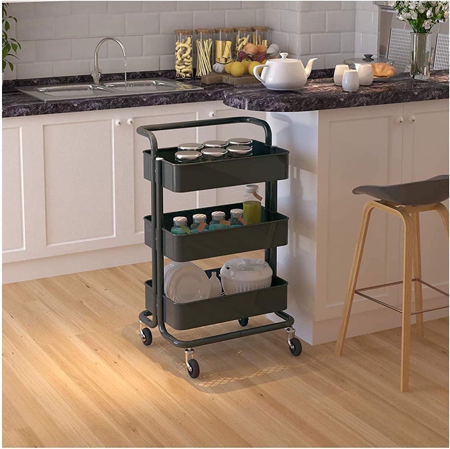 Bigapple 3 Tier Multipurpose Collapsible, Metal Storage Organizer, Rack, Trolley, cart for Kitchen, Bathroom and Office with Wheel-Rolling CART-Made in India, 86*43*36cm