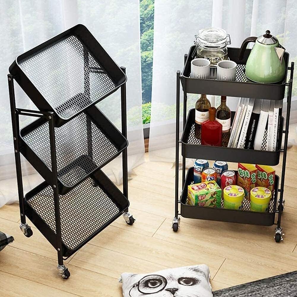 Bigapple 3 Tier Multipurpose Collapsible, Foldable Metal Storage Organizer, Rack, Trolley, cart for Kitchen, Bathroom and Office with Wheel-Rolling CART-Made in India, 77*46*30cm Foldable Type