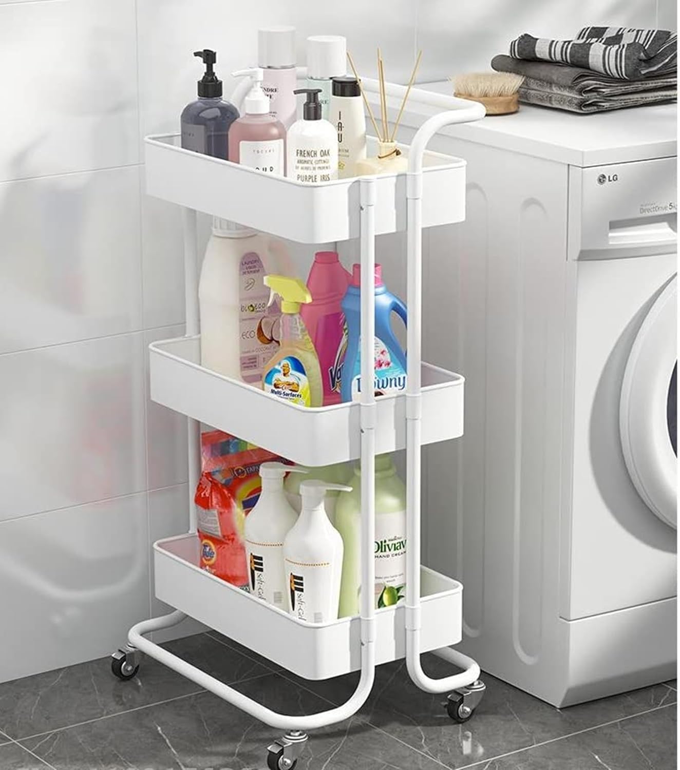 Bigapple 3 Tier Multipurpose Collapsible, Plastic Storage Organizer, Rack, Trolley, cart for Kitchen, Bathroom and Office with Wheel-Rolling CART-Made in India, 88*42*36cm