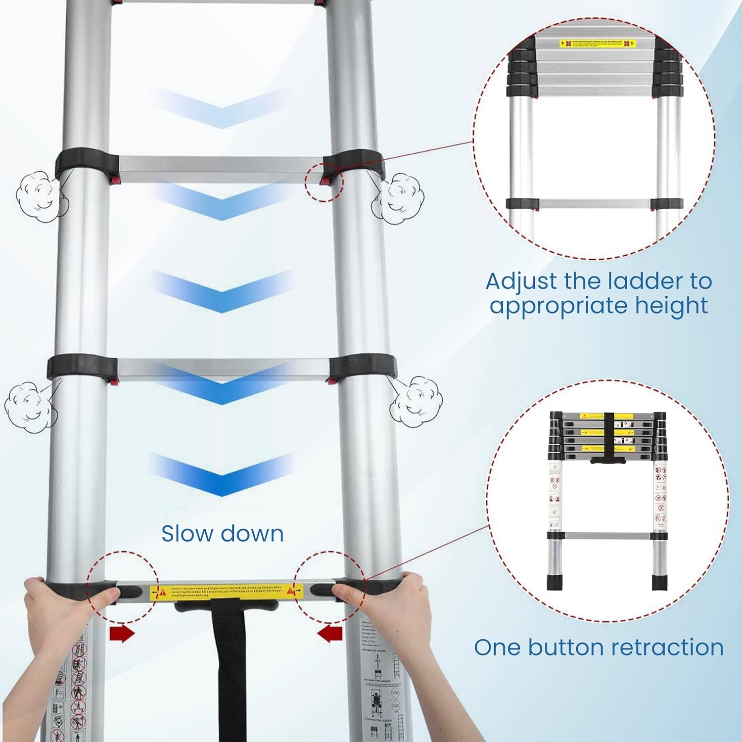BIGAPPLE 2.0m (6.5 ft) Aluminium Telescopic Ladder, 7 Steps Foldable Ladder, EN131 Certified, Lightweight, Collapsible, Max Load up to 150 Kgs, 2 Meters, 6.5 ft