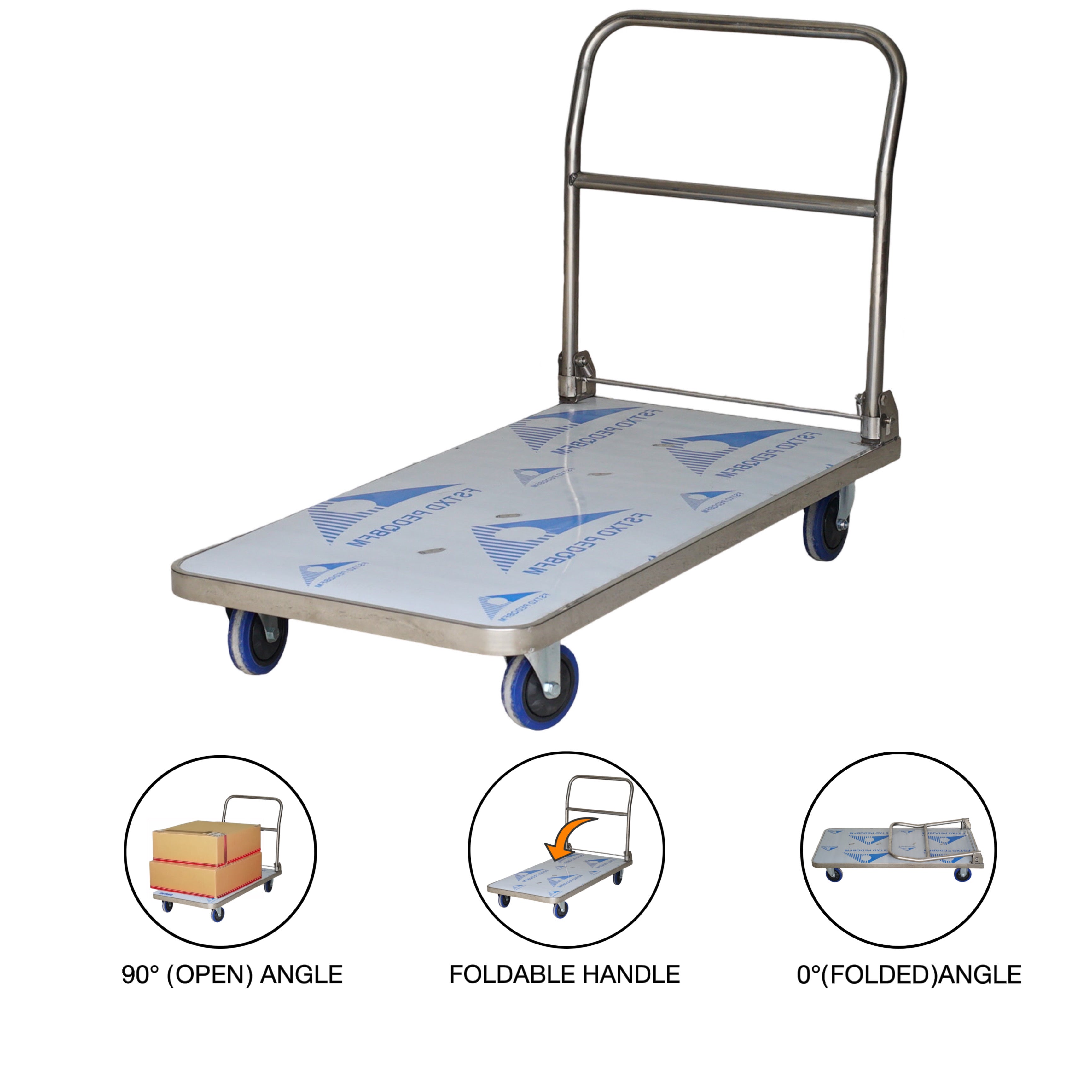 BIGAPPLE Stainless Steel with Protective Film Foldable Platform Trolley for Heavy Weight/Material Handling Goods Trolley for Home, Office, Warehouse & Industries (4 Wheels/Silver)