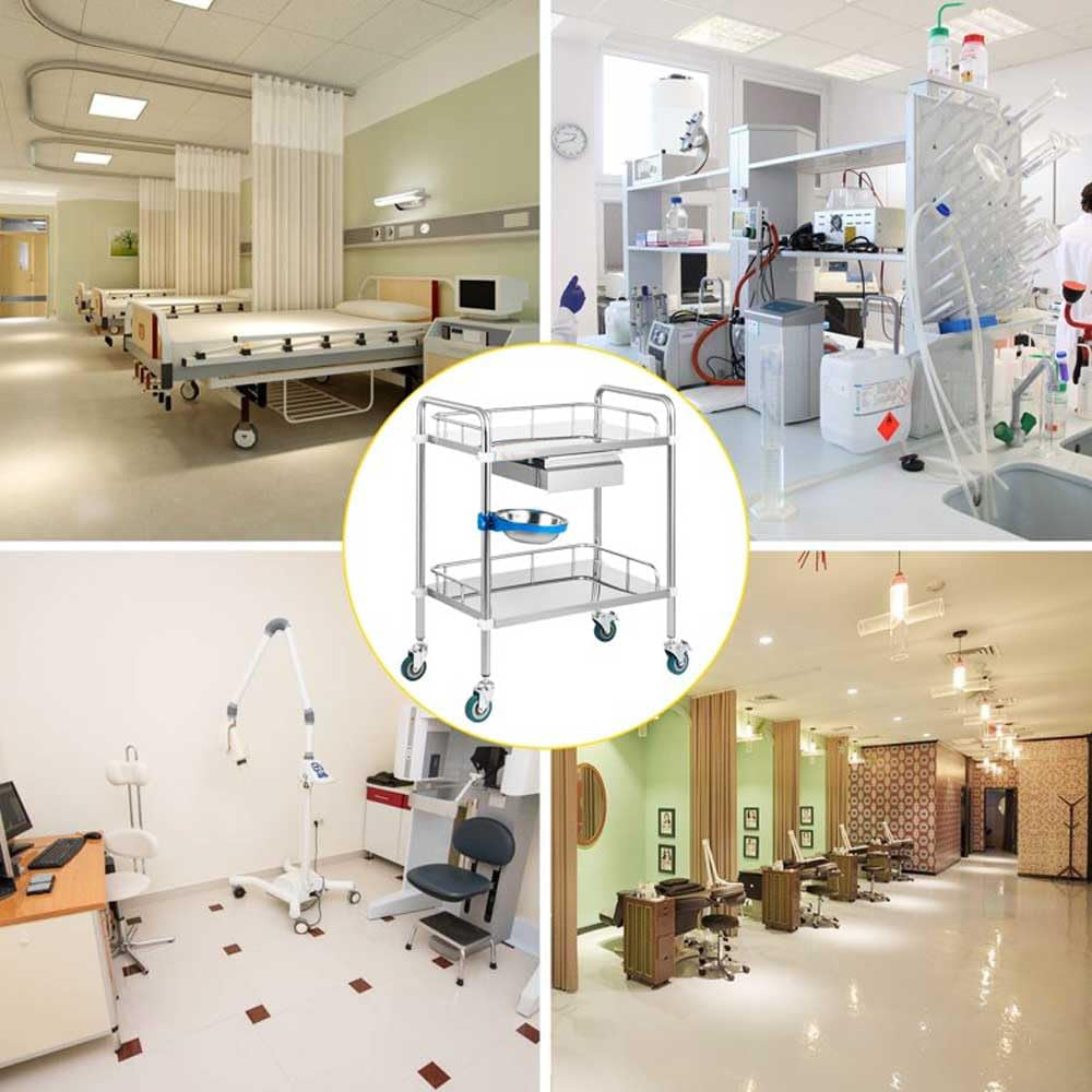 Bigapple Stainless Steel 2 Shelf Medical Instrument Trolley with Bin and drawer (60 L Ć 40 W Ć 86 H CM's)