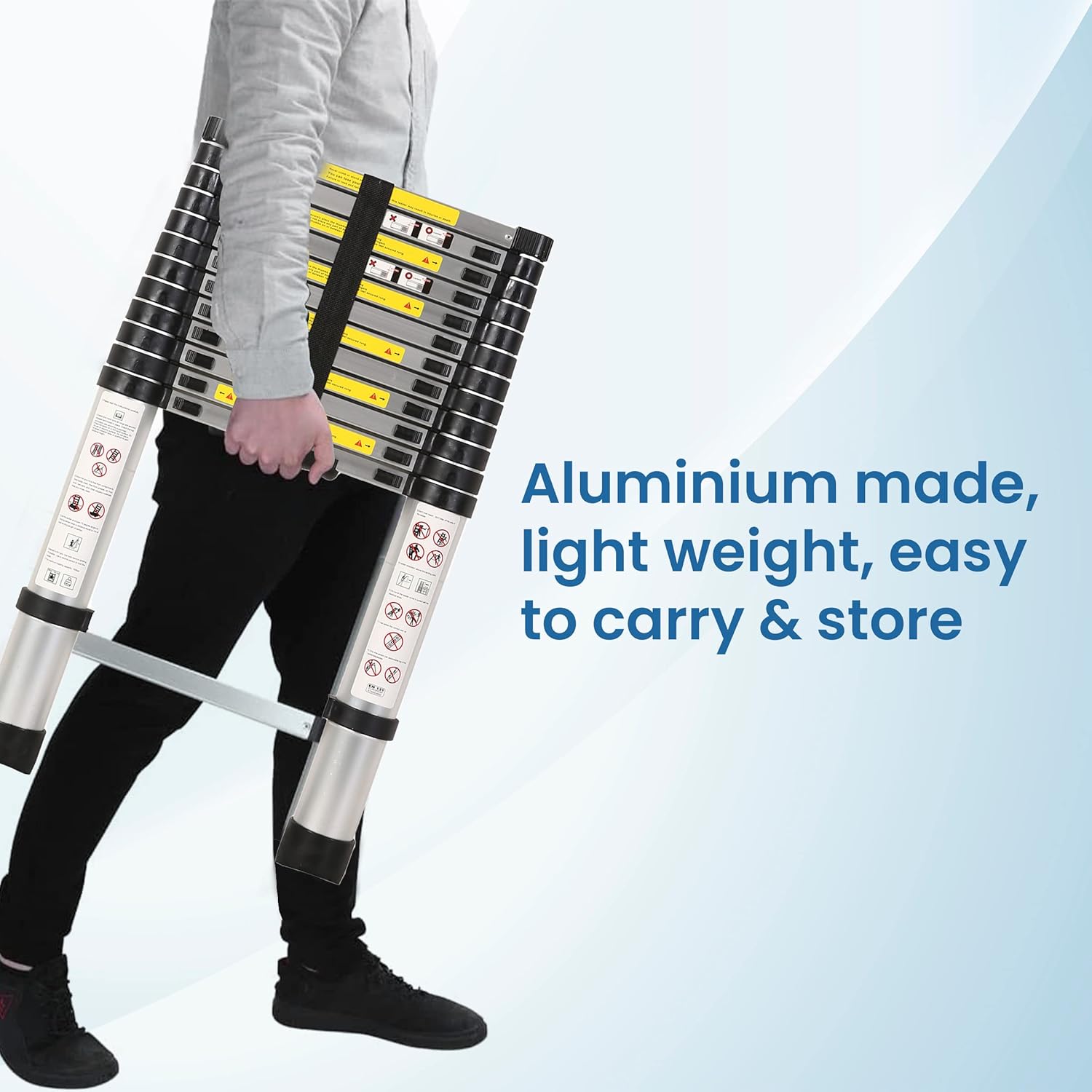 BIGAPPLE 3.8m (12.5 ft) Aluminium Telescopic Ladder, 13 Steps Foldable Ladder, EN131 Certified, Lightweight, Collapsible, Max Load up to 150 Kgs, 3.8 Meters or 12.5 ft Silver
