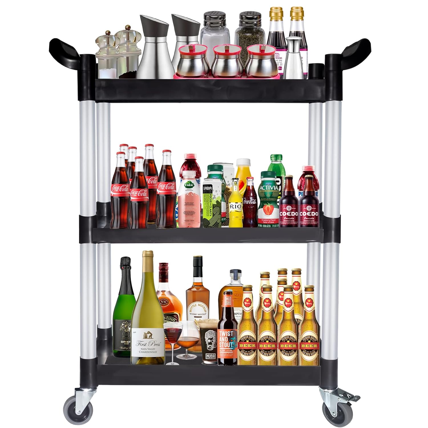 Bigapple 3-Tier Rolling Plastic Service Cart, Utility Carts with Wheels Heavy Duty 3 Shelf Tool Cart Restaurant Food Carts for Office, Warehouse, Garage (Lockable Wheels, Black)