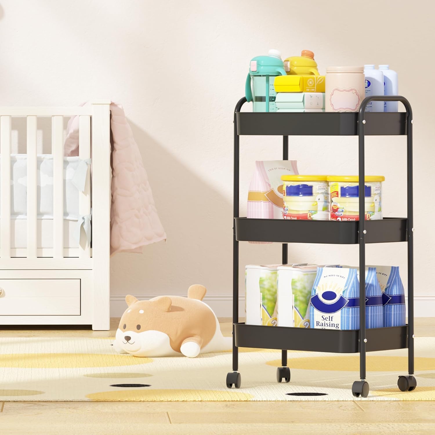 Bigapple 3 Tier Multipurpose Collapsible, Metal Storage Organizer, Rack, Trolley, cart for Kitchen, Bathroom and Office with Wheel-Rolling CART-Made in India, 75.5*45*29cm