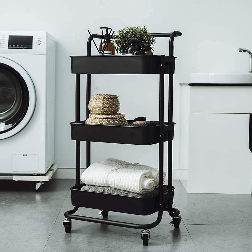 Bigapple 3 Tier Multipurpose Collapsible, Metal Storage Organizer, Rack, Trolley, cart for Kitchen, Bathroom and Office with Wheel-Rolling CART-Made in India, 86*43*36cm