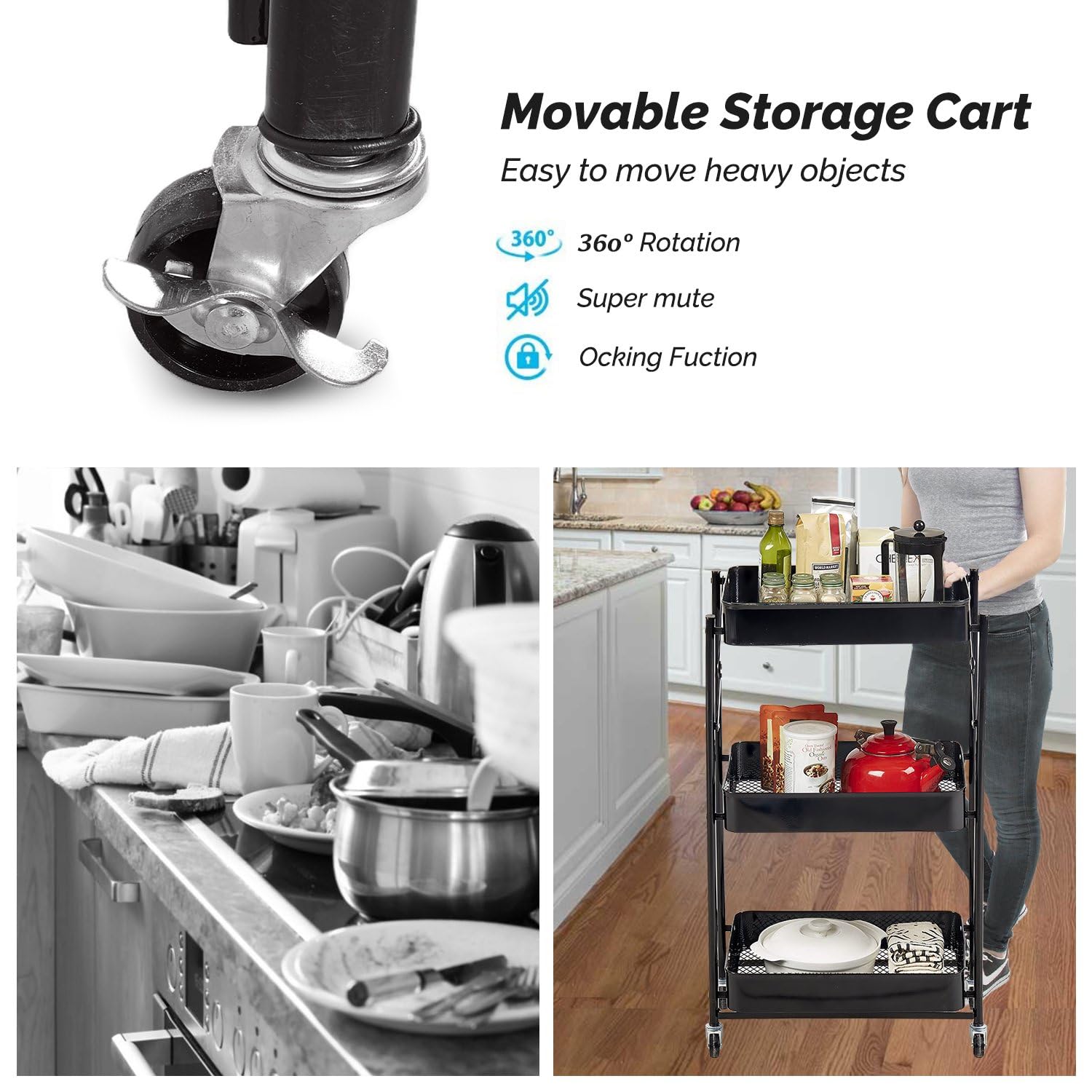 Bigapple 3 Tier Multipurpose Collapsible, Foldable Metal Storage Organizer, Rack, Trolley, cart for Kitchen, Bathroom and Office with Wheel-Rolling CART-Made in India, 77*46*30cm Foldable Type